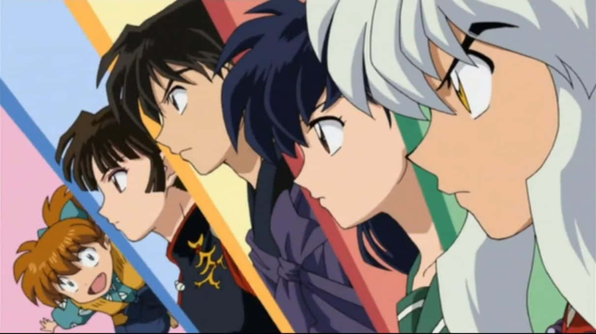 Inuyasha And Miroku 桌布 壁紙 — 五個動漫角色，擁有不同的髮色和表情，在充滿活力的幾何背景前凝視前方。