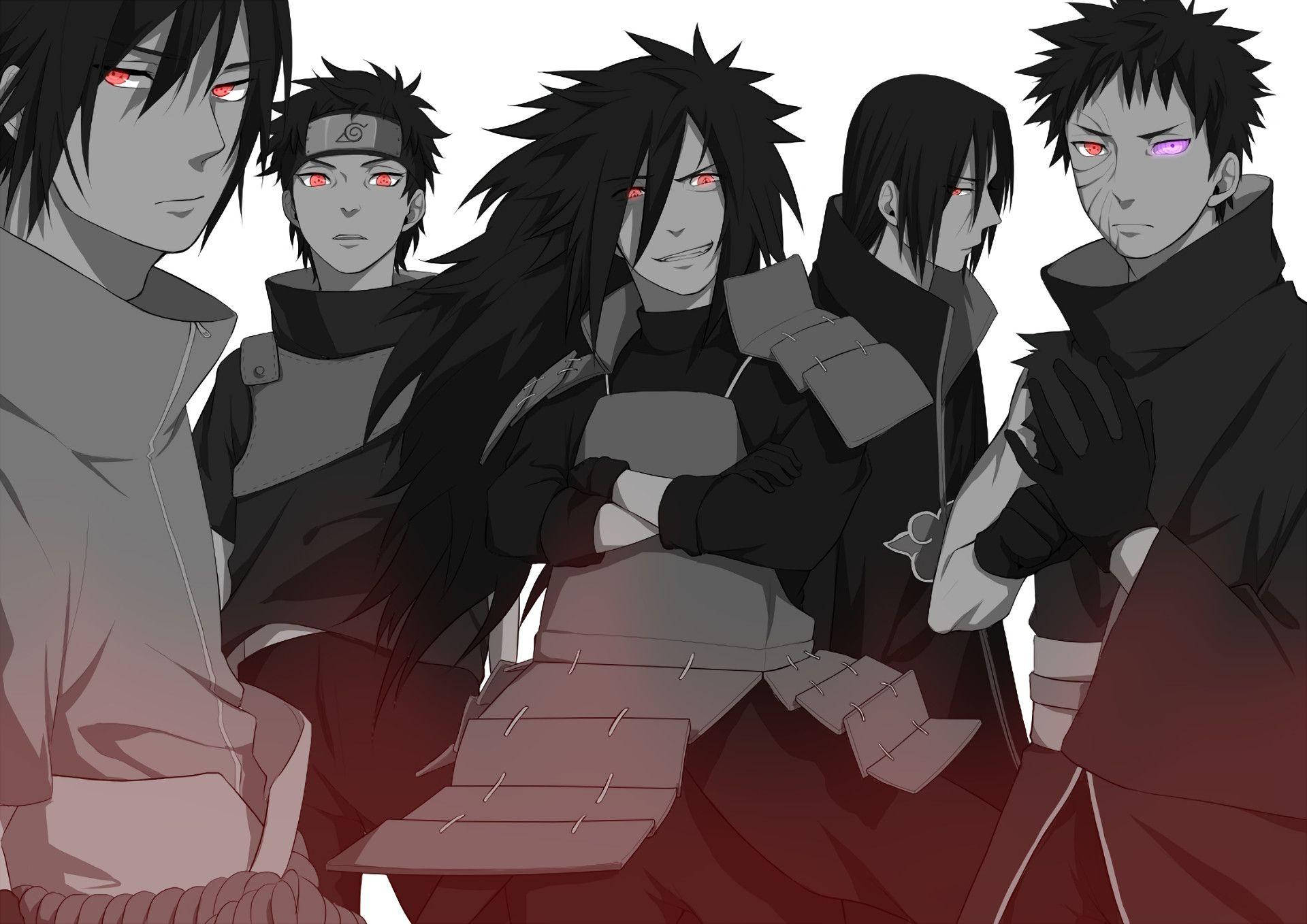 Uchiha 桌布 壁紙 — 五個動漫角色，眼睛發出紅光，身穿黑色斗篷，在純白背景下以威脅性的姿態站在一起。