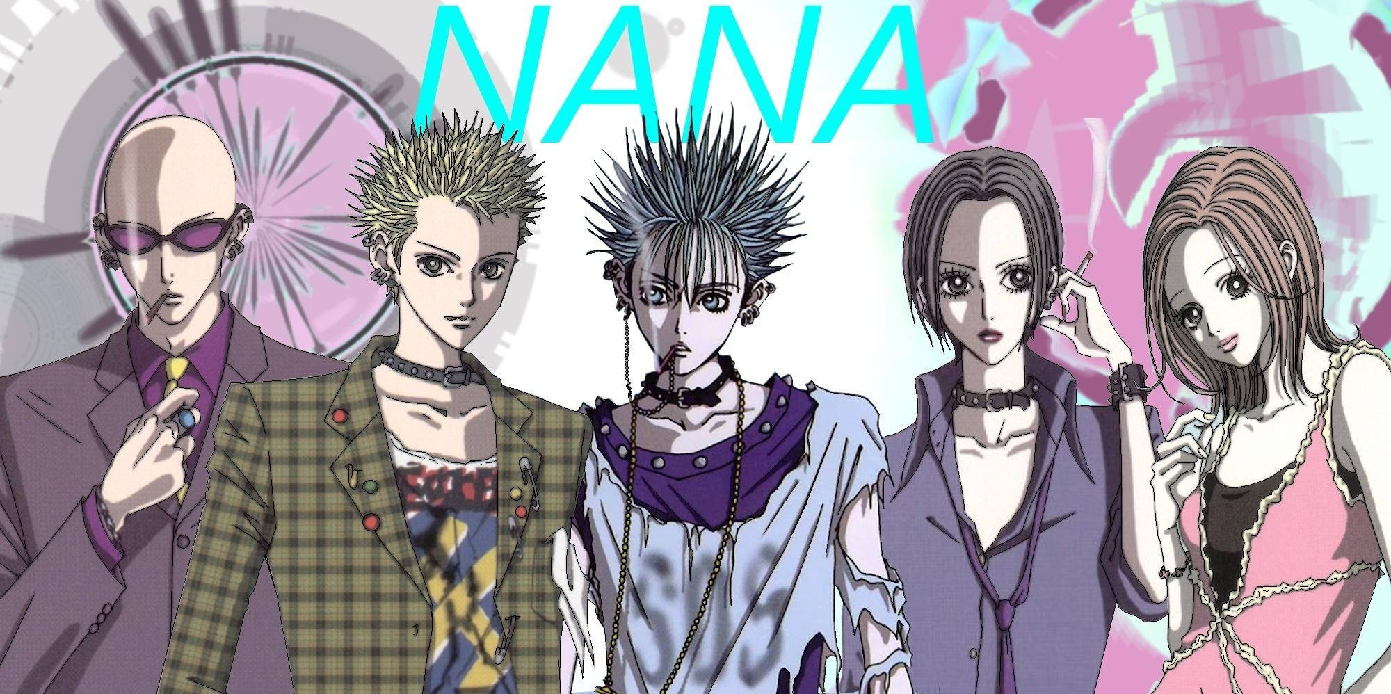 nana 桌布 壁紙 — 五個動漫角色，穿著前衛時尚，表情強烈，站在充滿活力的粉紅色和紫色背景前，標題為 NANA。