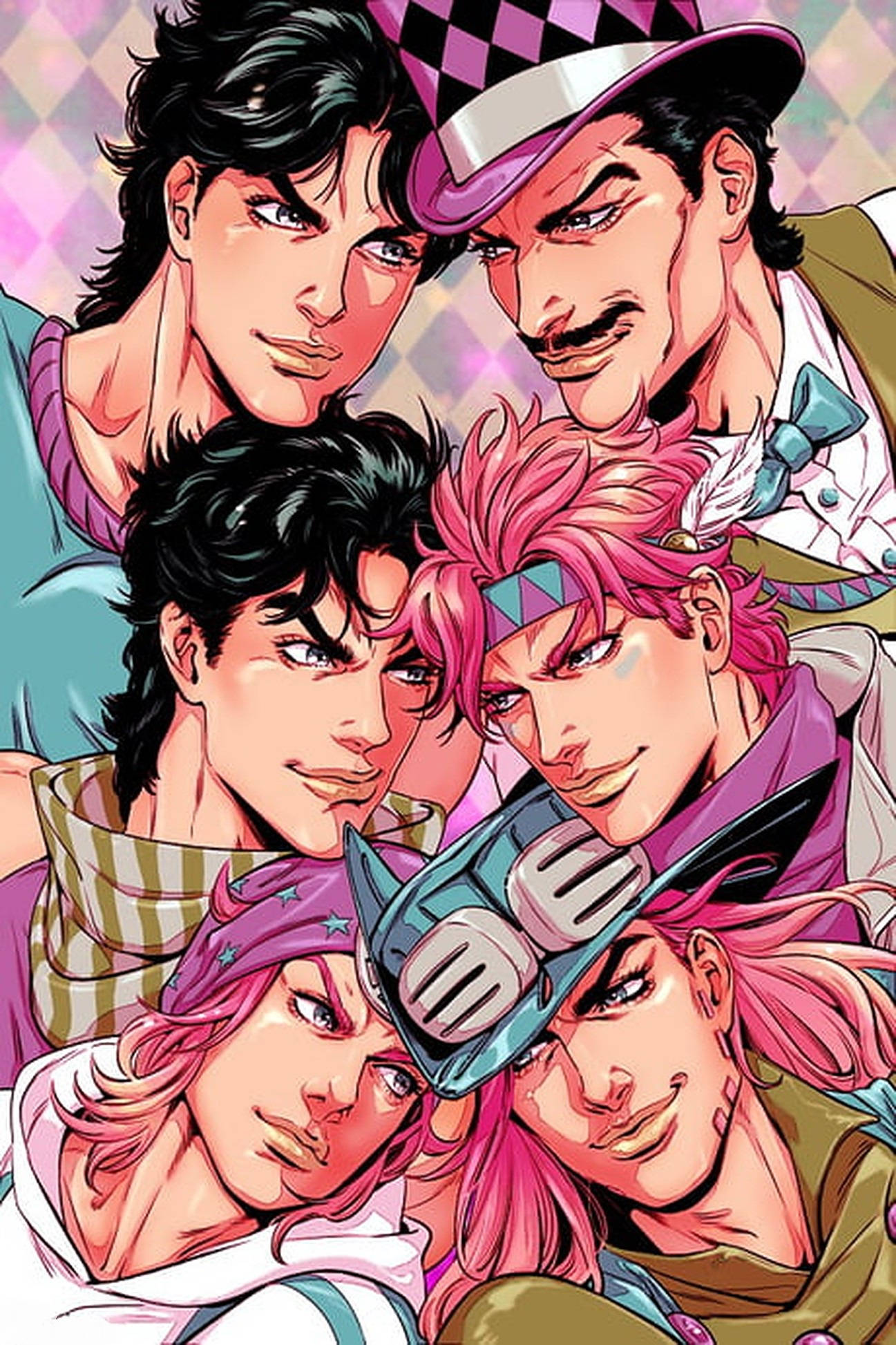 Gyro Zeppeli 桌布 壁紙 — 五個動漫角色，表情大膽，帶有鮮豔的粉紅色、紫色和藍綠色點綴，在方格背景前凝視。