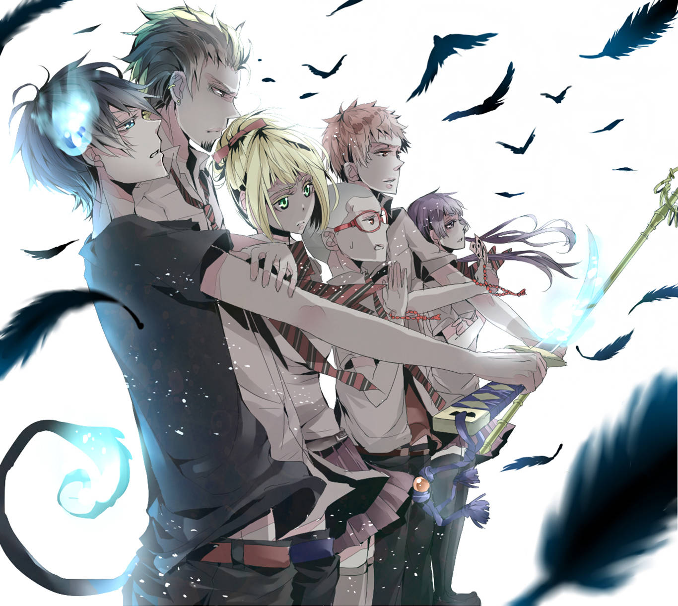 驅魔師 桌布 壁紙 — 五個動漫角色，身上散發著藍色魔法光芒，黑色羽毛在他們周圍飛舞，背景是純白色。