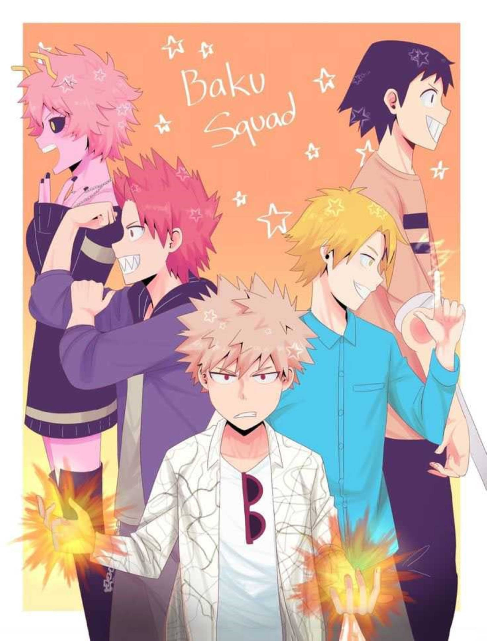 Bakusquad 桌布 壁紙 — 五個動漫角色，頭髮尖尖，帶有星星圖案，在溫暖的橙色背景前，雙手發光，動態擺姿勢。