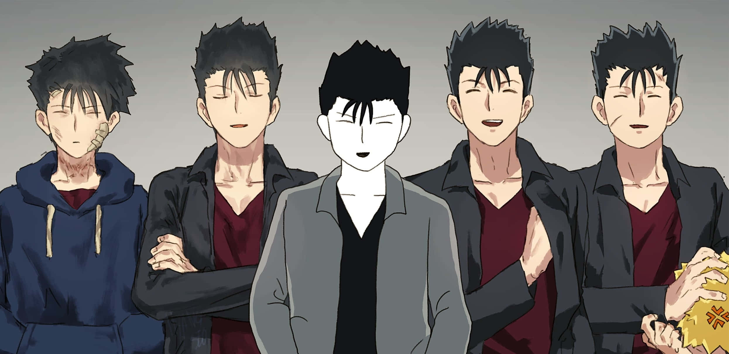 Ryo Shimazaki 桌布 壁紙 — 五個動漫角色，黑色刺蝟頭，排成一排，一個灰階，其他彩色，背景是純灰色。