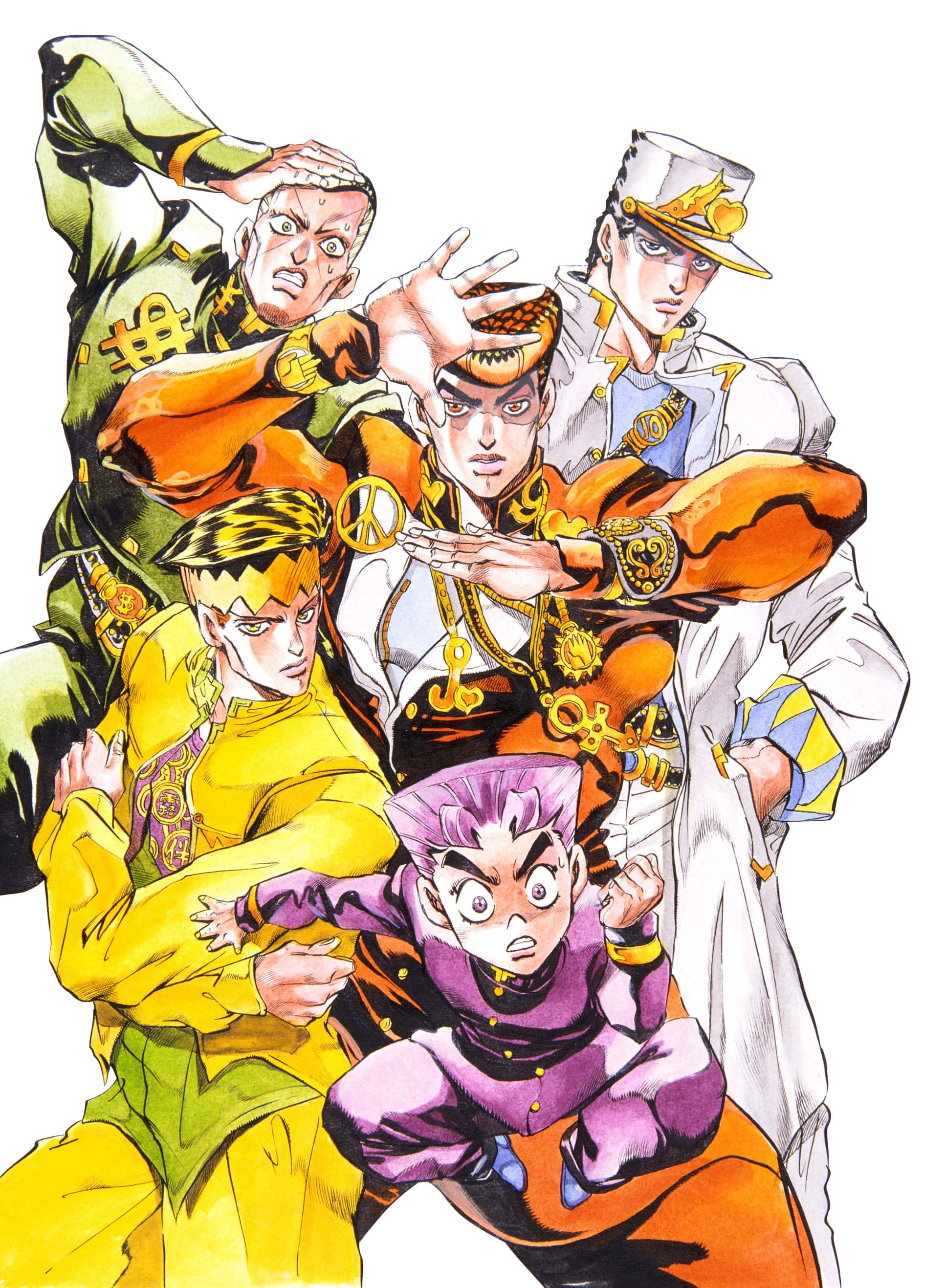 Diamond Is Unbreakable 桌布 壁紙 — 五個動漫角色以動感姿勢呈現，色彩大膽，服飾精細，背景為白色。
