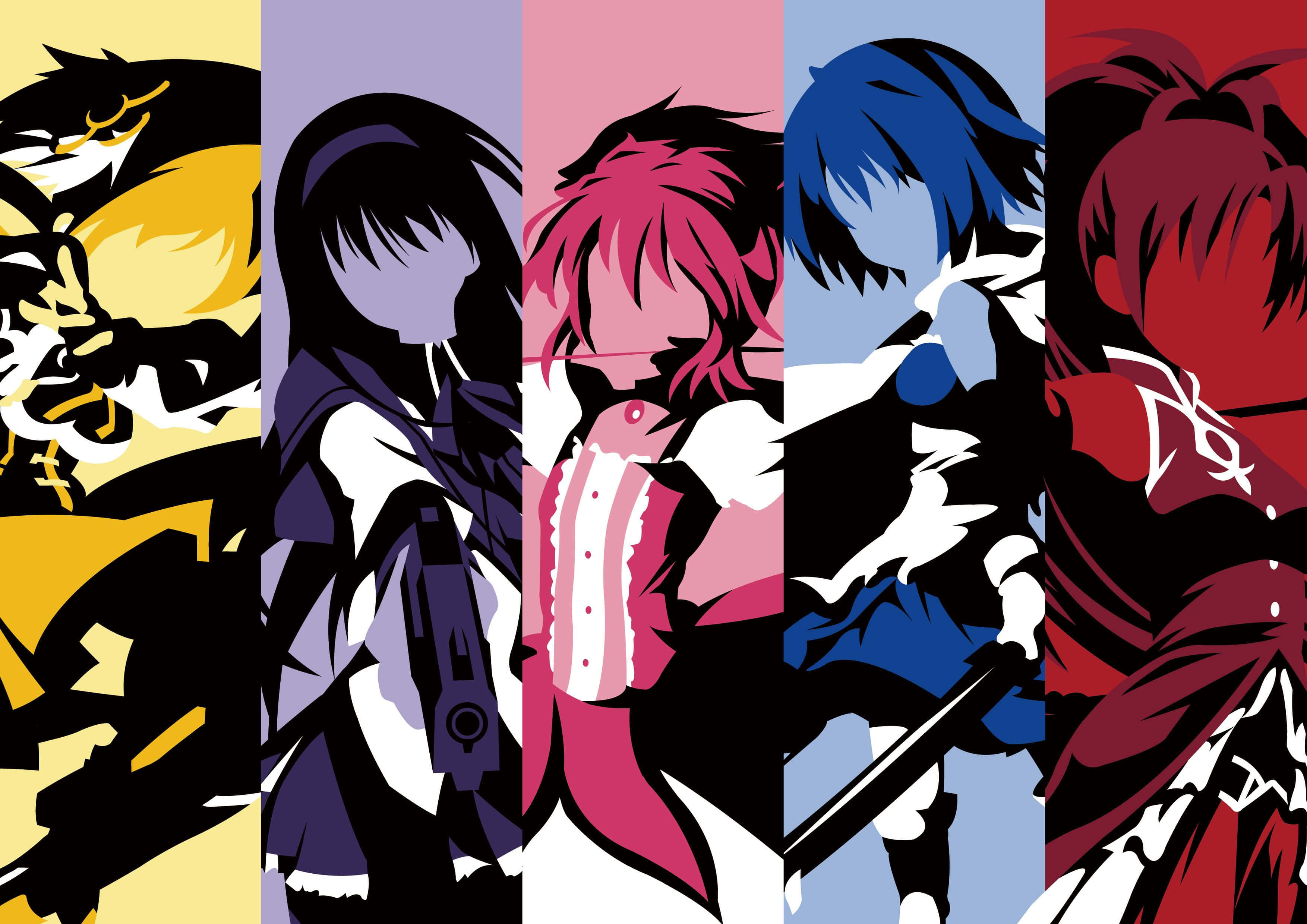 puella magi madoka magica 桌布 壁紙 — 五個動漫角色以動態姿勢呈現，每個角色均由一條大膽的彩色垂直條紋框住。