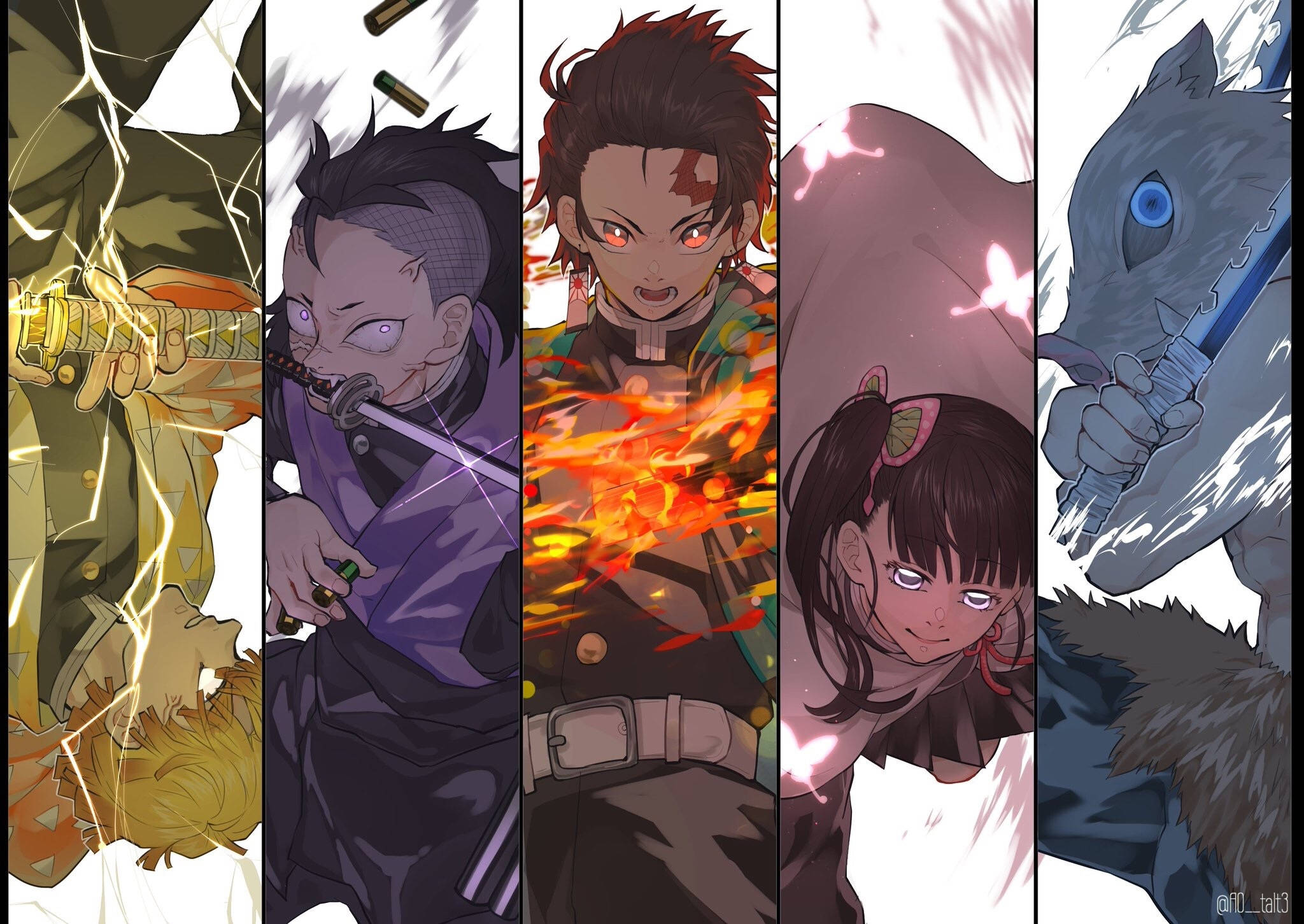 Kimetsu 桌布 壁紙 — 五個動漫角色以動態戰鬥姿勢，手持發光劍，表情強烈，背景風格化。