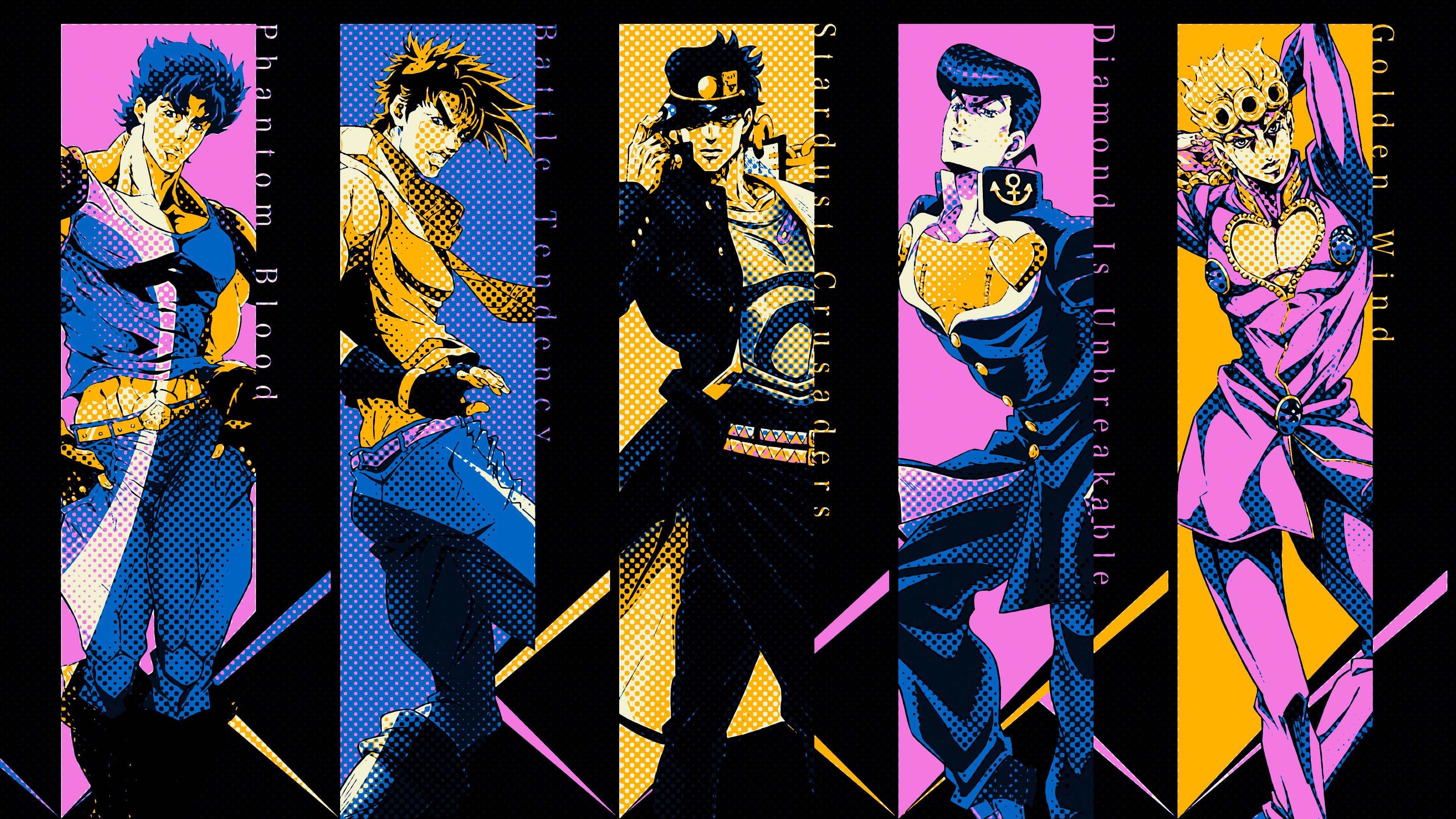 jojo 4K 桌布 壁紙 — 五個動漫角色以大膽的普普藝術風格呈現，搭配充滿活力的粉紅、黃色和藍色背景，每個垂直排列。