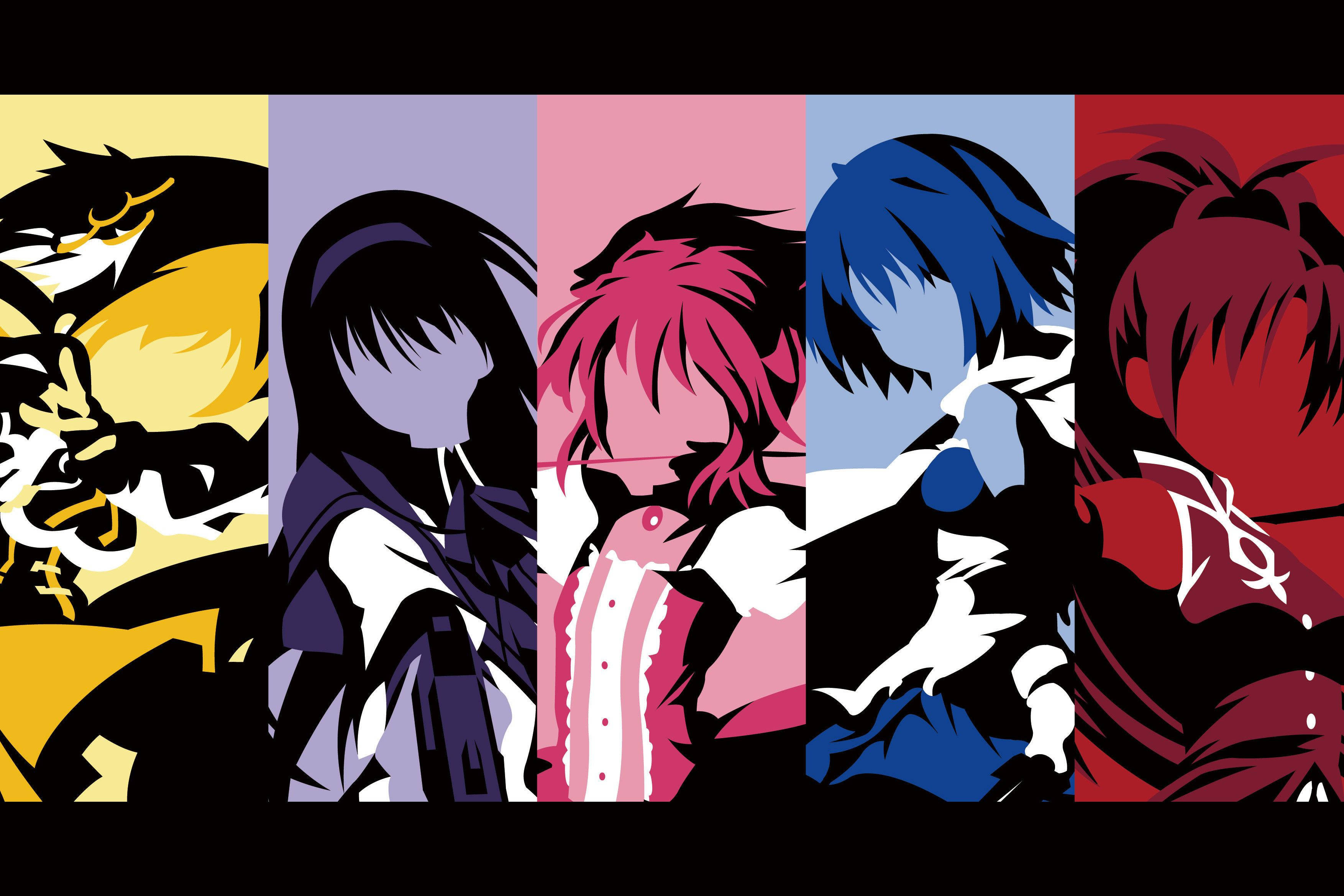 Madoka 桌布 壁紙 — 五個動漫角色以大膽風格化剪影呈現，襯以鮮豔彩色面板。