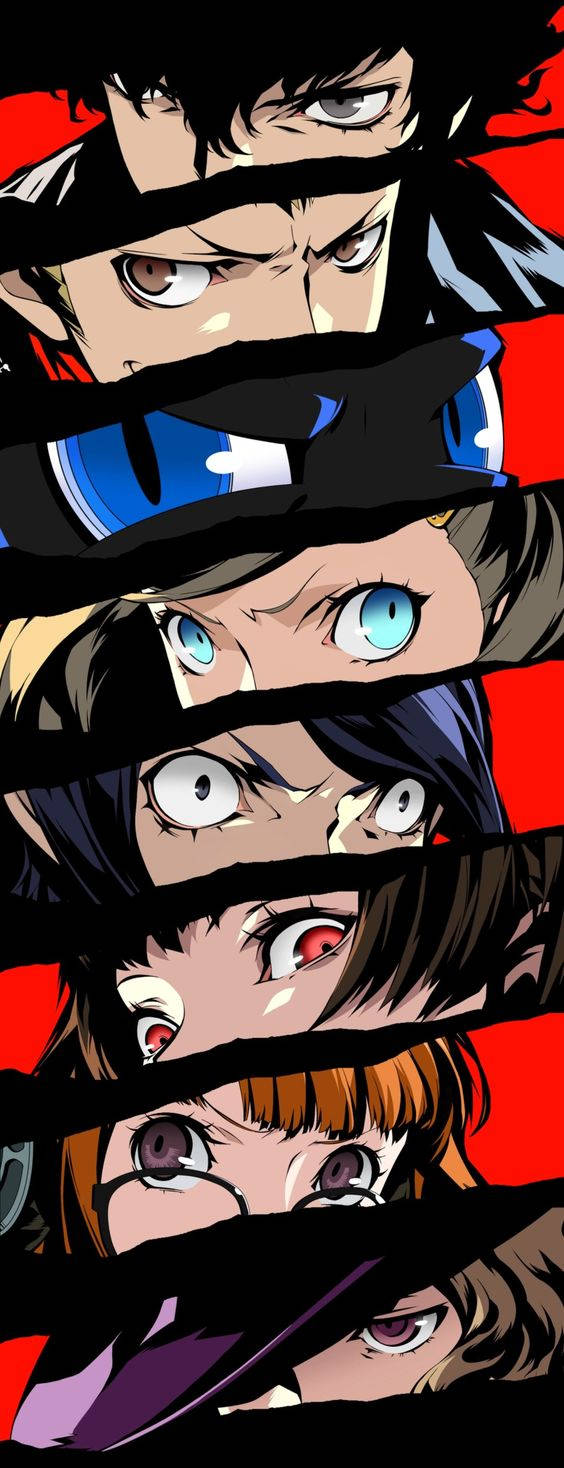 Persona 5 Phone 桌布 壁紙 — 五個動漫角色以強烈的表情透過黑色撕裂條紋凝視著鮮紅色的背景。