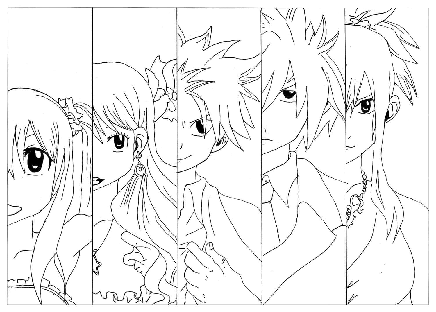 Anime Coloring 桌布 壁紙 — 五個動漫角色以黑白線條藝術呈現，每個在獨立的垂直面板中，展示多樣的表情和髮型。