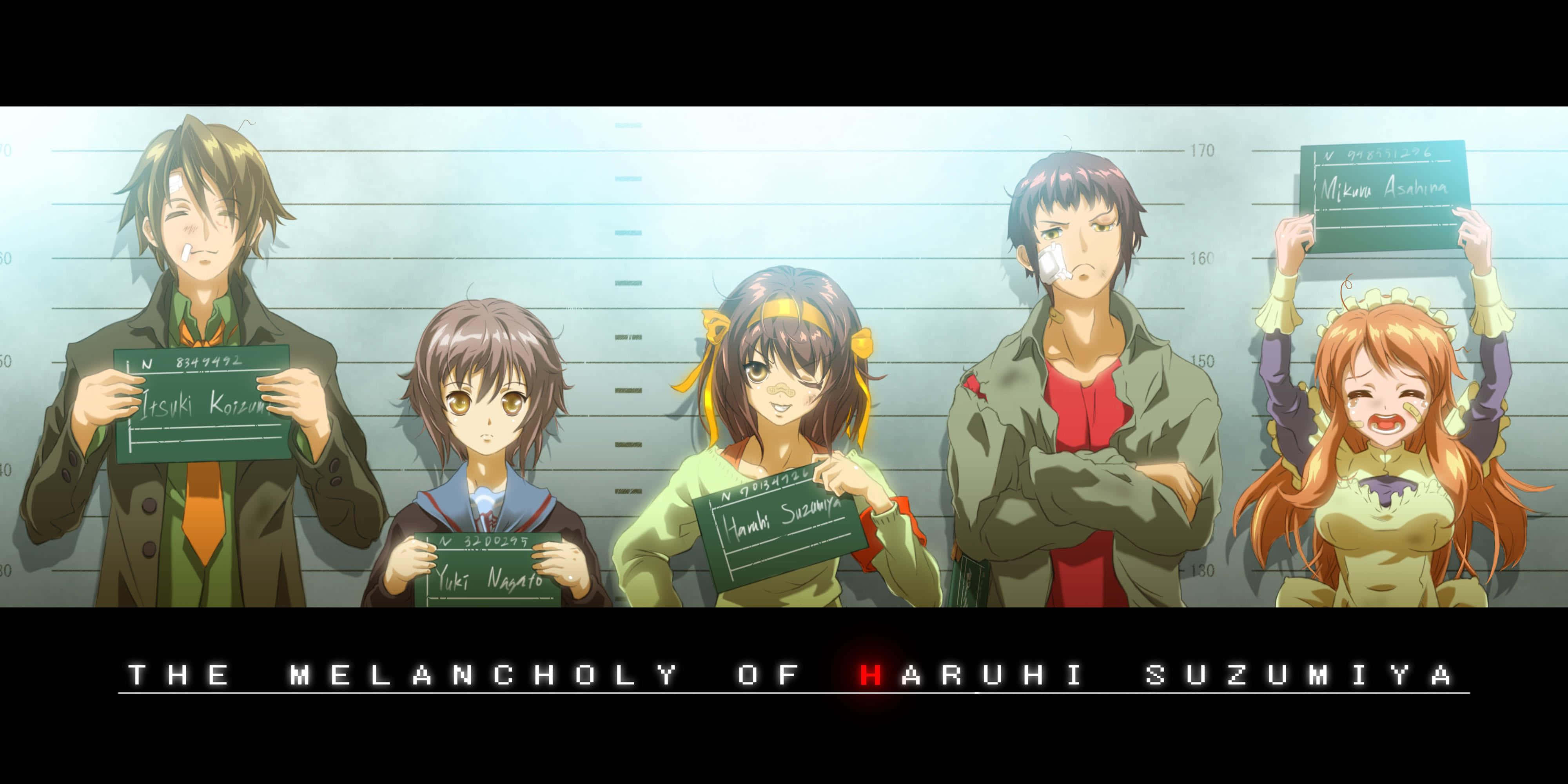 Haruhi Suzumiya 桌布 壁紙 — 五個動漫角色像 mugshot 一樣在身高圖背景前擺姿勢，附有名牌。