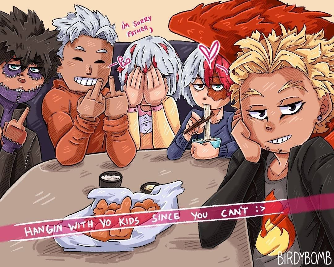 todoroki family 桌布 壁紙 — 五個動漫角色圍坐在桌子旁吃零食，表情頑皮又調皮。