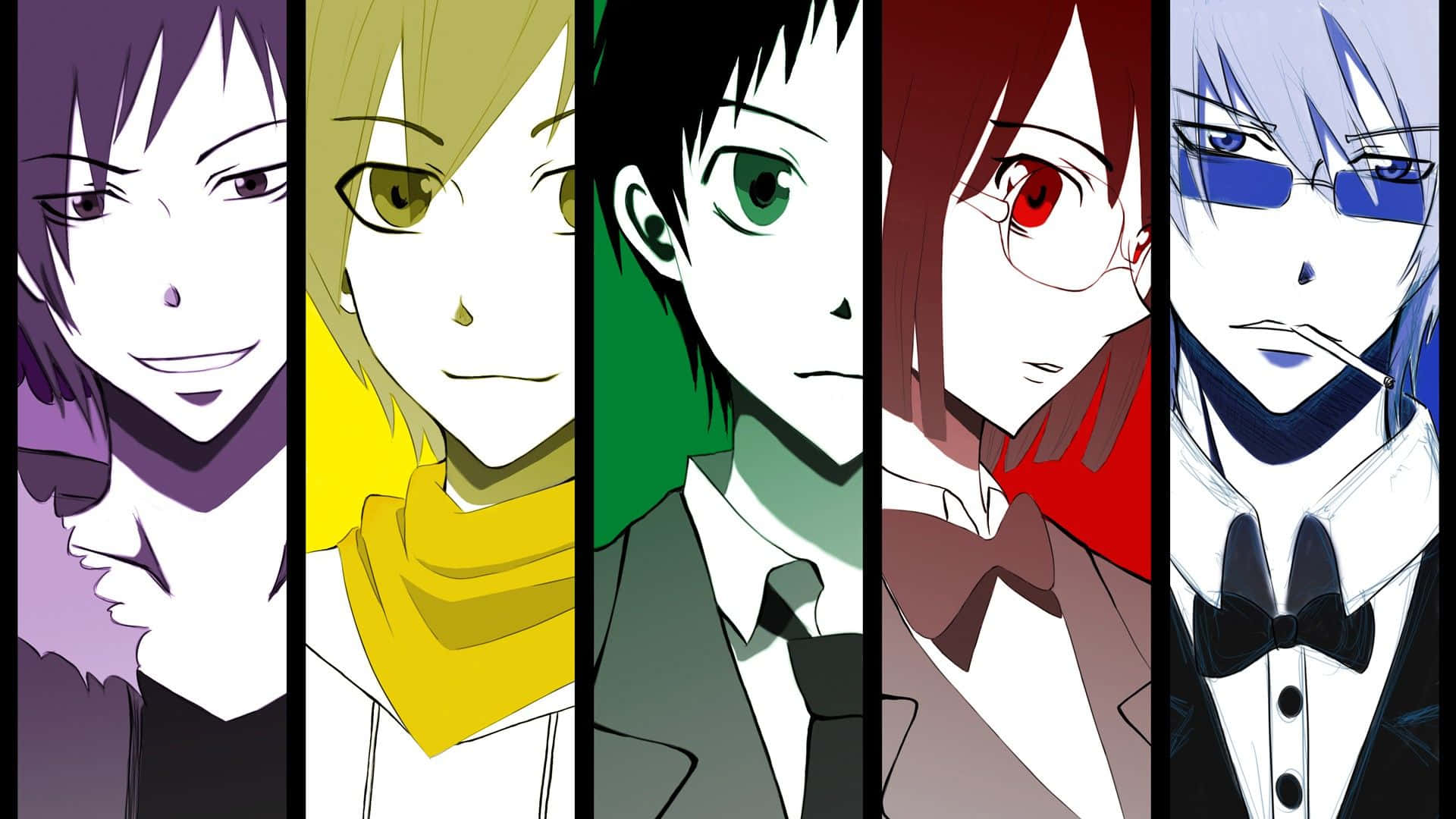 durarara 桌布 壁紙 — 五個動漫角色在垂直面板中，每個都戴著彩色圍巾和正式服裝，擁有不同的眼睛顏色和表情。