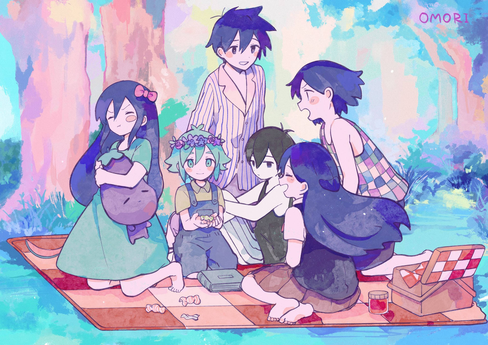 動漫角色在森林中一起享受野餐。 — Omori GIF 壁紙