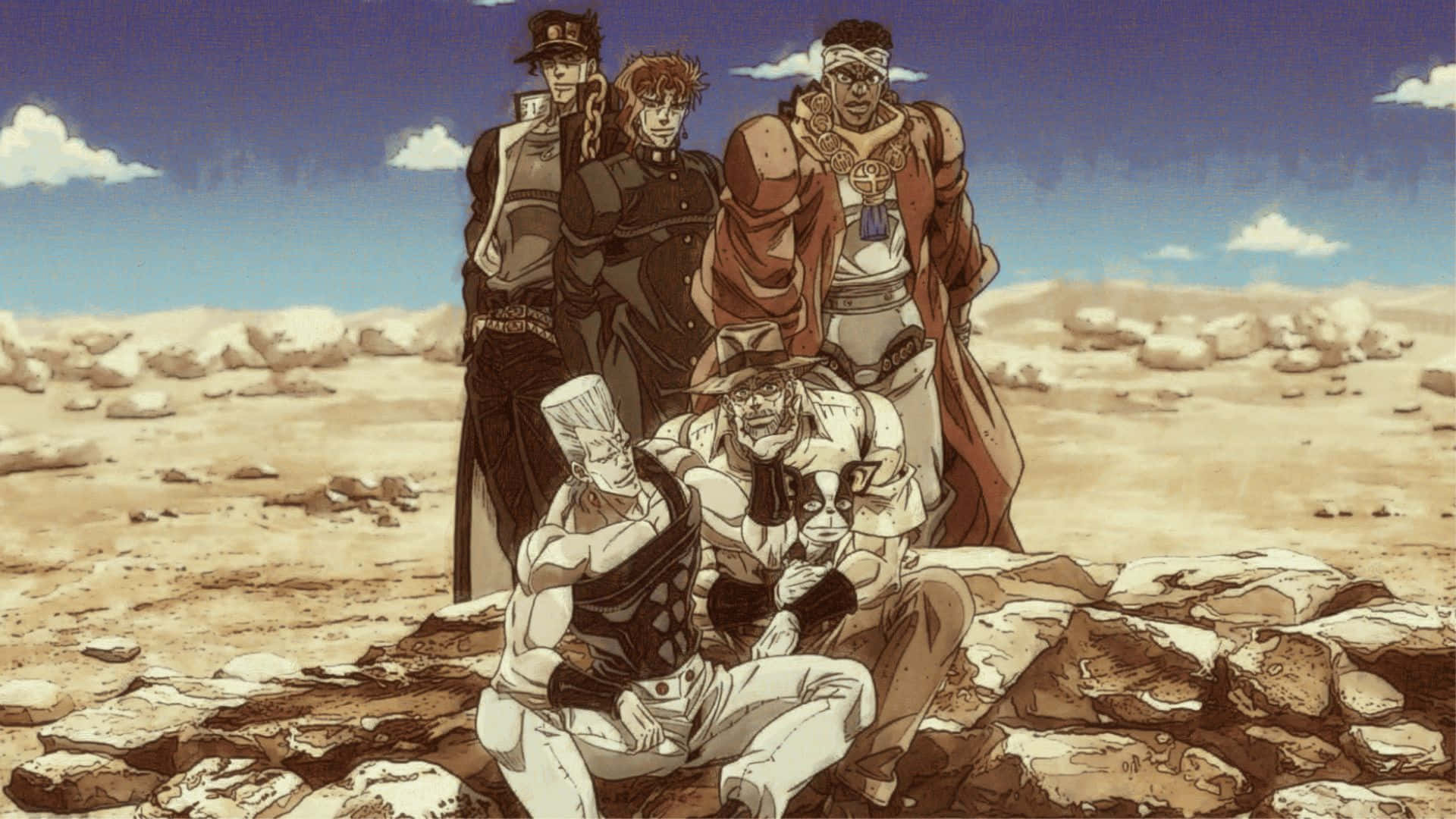 Jean Pierre Polnareff 桌布 壁紙 — 五個動漫角色在岩石沙漠中站立和坐著，頭頂是明亮的藍天，散佈著雲朵。