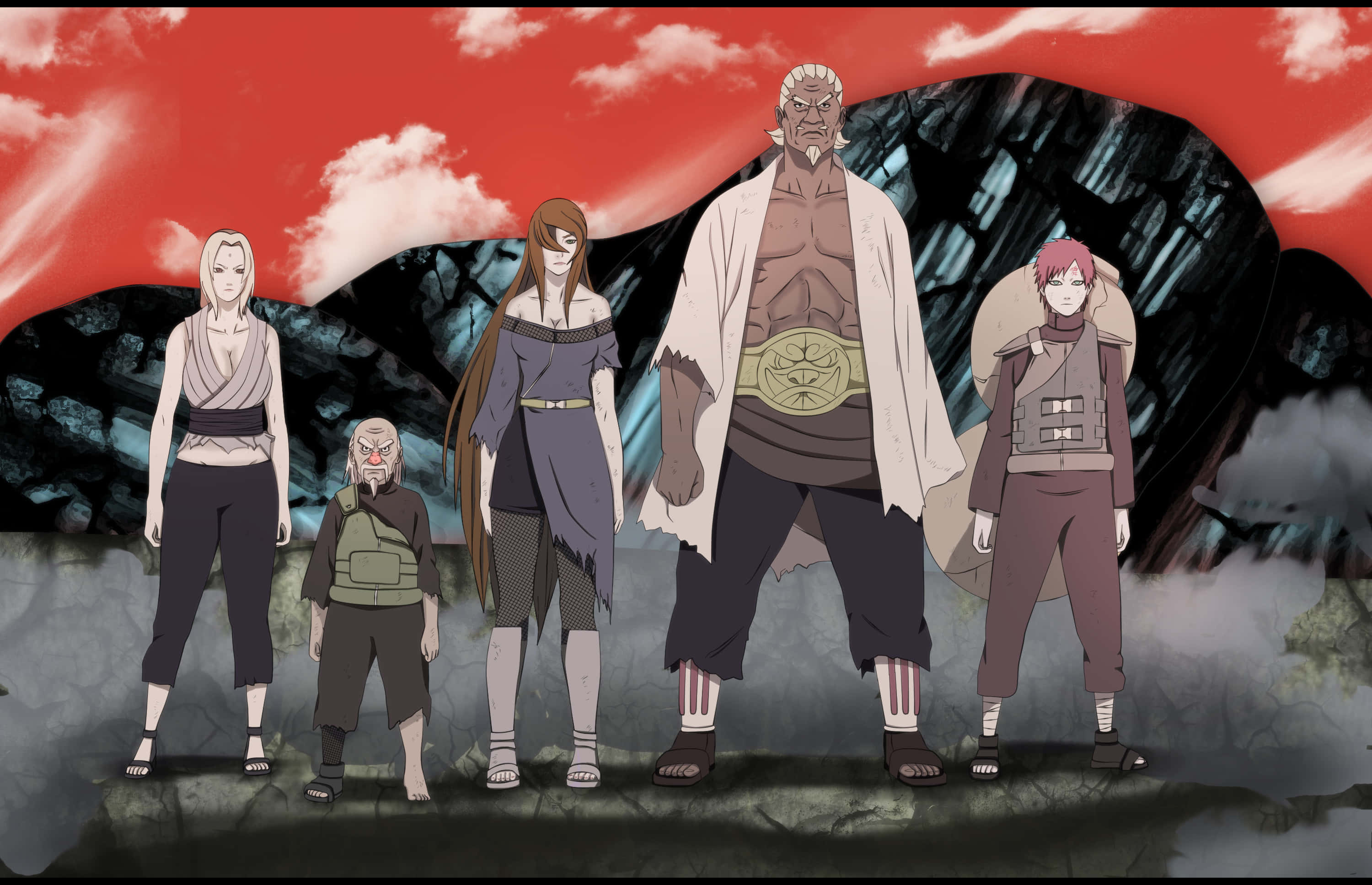 Five Kage Summit 桌布 壁紙 — 五個動漫角色在戲劇性的紅色天空和黑暗岩石背景下排成一排。