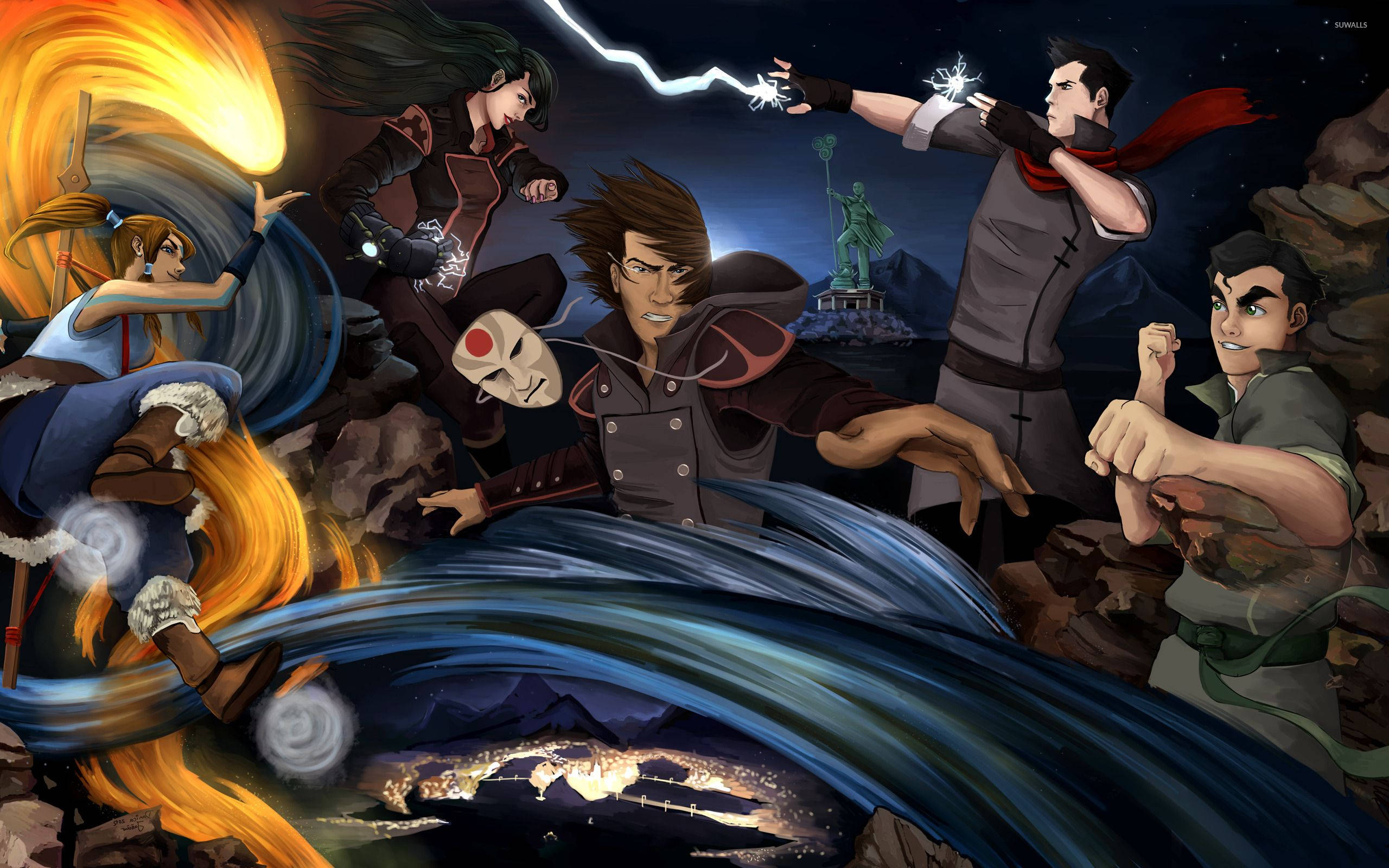 Korra 桌布 壁紙 — 五個動漫角色在星空下的岩石夜戰中釋放元素力量。