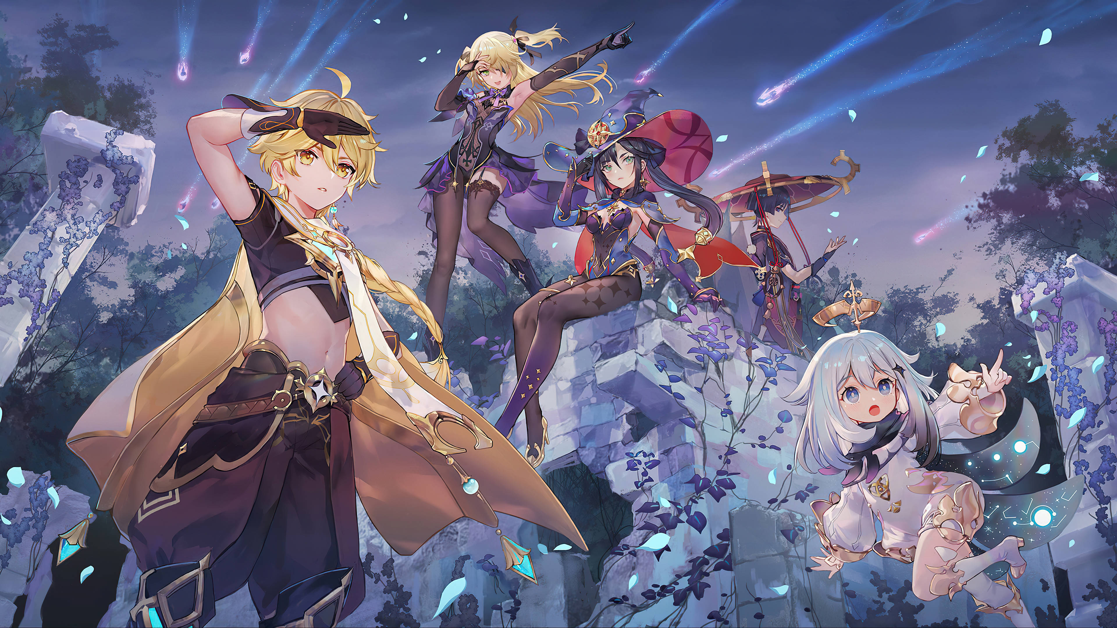 Genshin Impact 4K 桌布 壁紙 — 五個動漫角色在暮色天空下，漂浮的光粒子中，在發光的廢墟上動態擺姿勢。