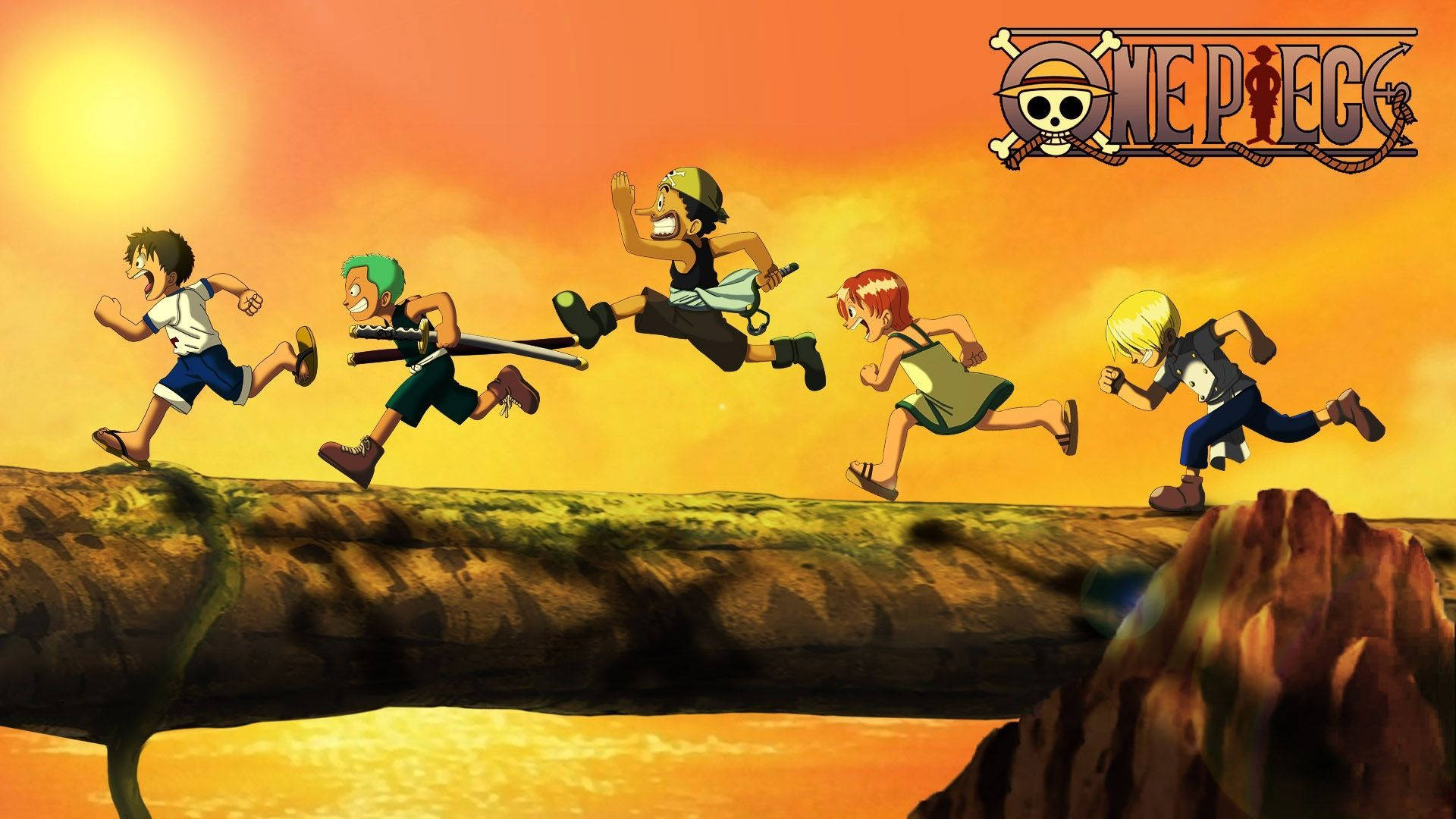one piece usopp 桌布 壁紙 — 五個動漫角色在火紅的夕陽天空下，跑過一條佈滿青苔的圓木，下面是發光的橙色水面。