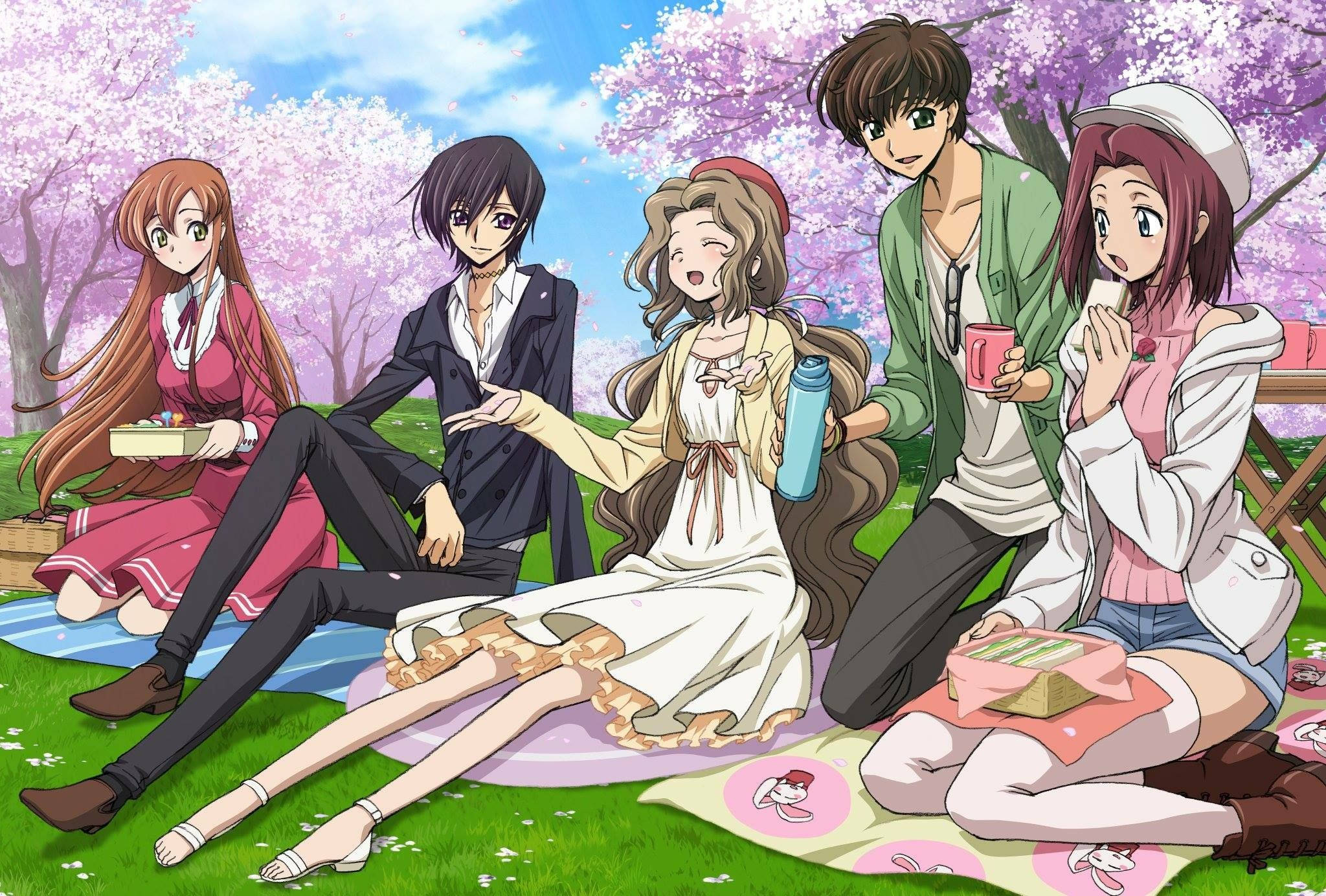 lelouch lamperouge 桌布 壁紙 — 五個動漫角色在盛開的櫻花樹下野餐，粉紅花朵和藍天。