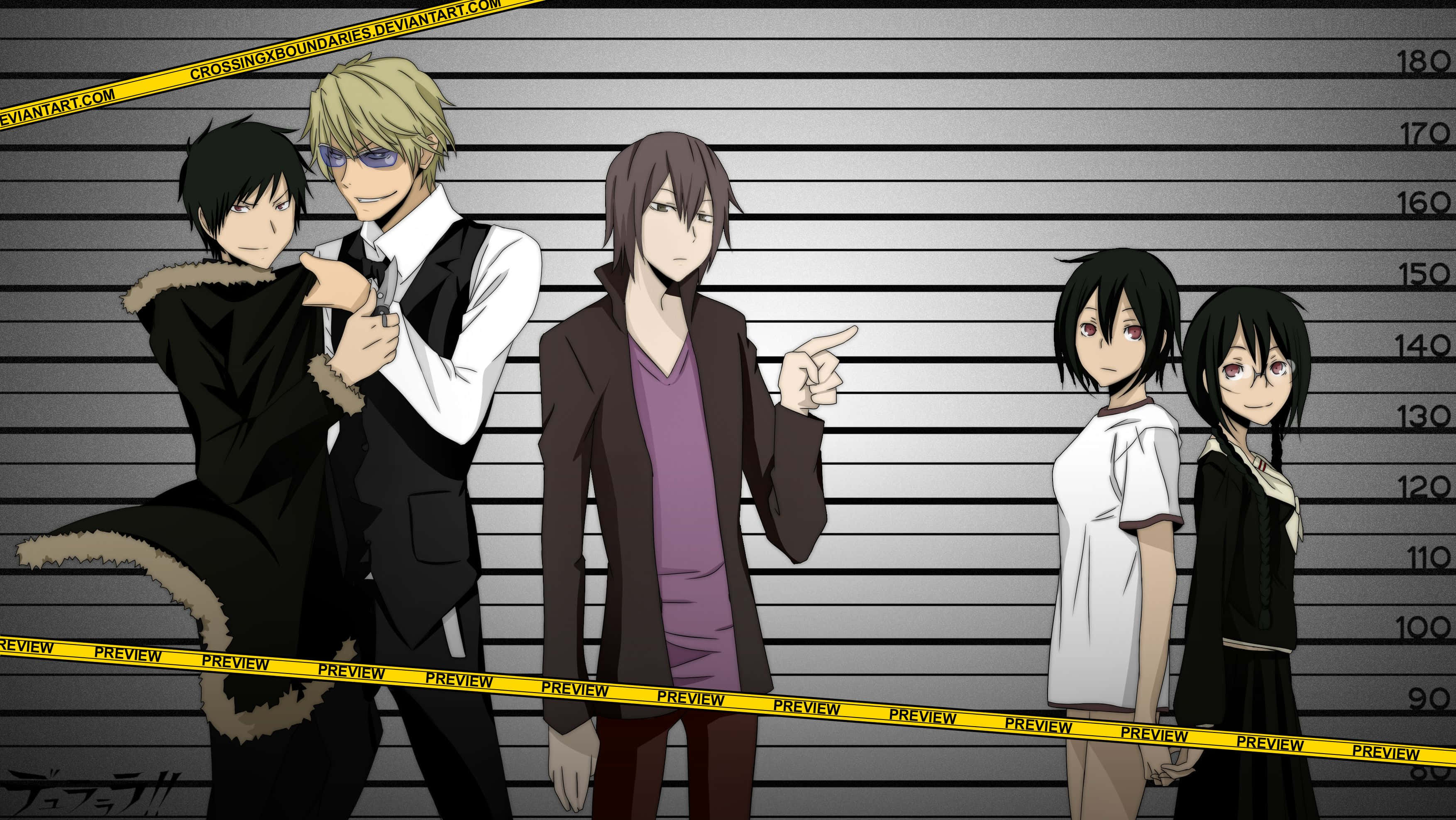 durarara 桌布 壁紙 — 五個動漫角色在身高圖表前擺出警察疑犯照隊形，配有黃色警察封條。