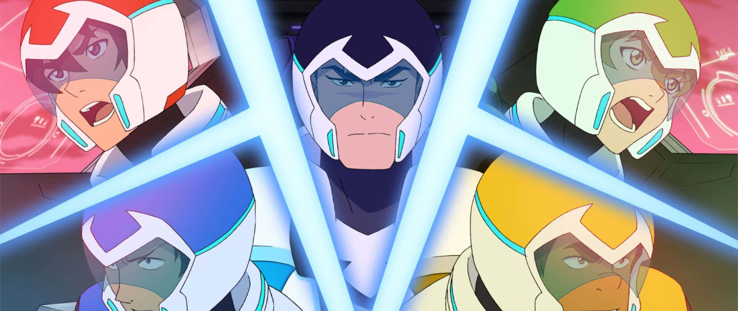 voltron 桌布 壁紙 — 五個動漫角色戴著未來風格的頭盔，在藍色能量光束穿過畫面時凝視著。