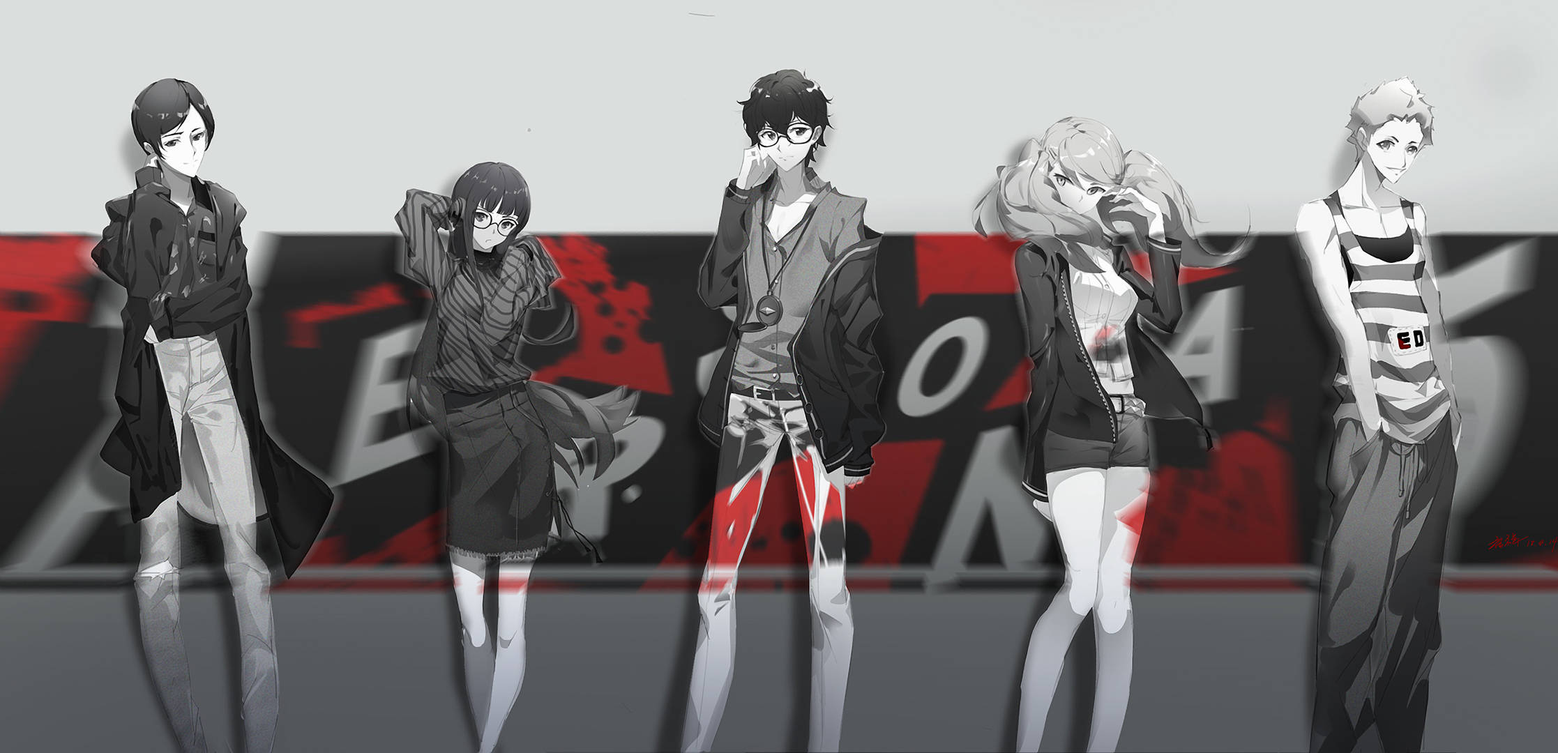 ren amamiya 桌布 壁紙 — 五個動漫角色排成一排，站在紅色和黑色塗鴉牆前，地板有反射效果。