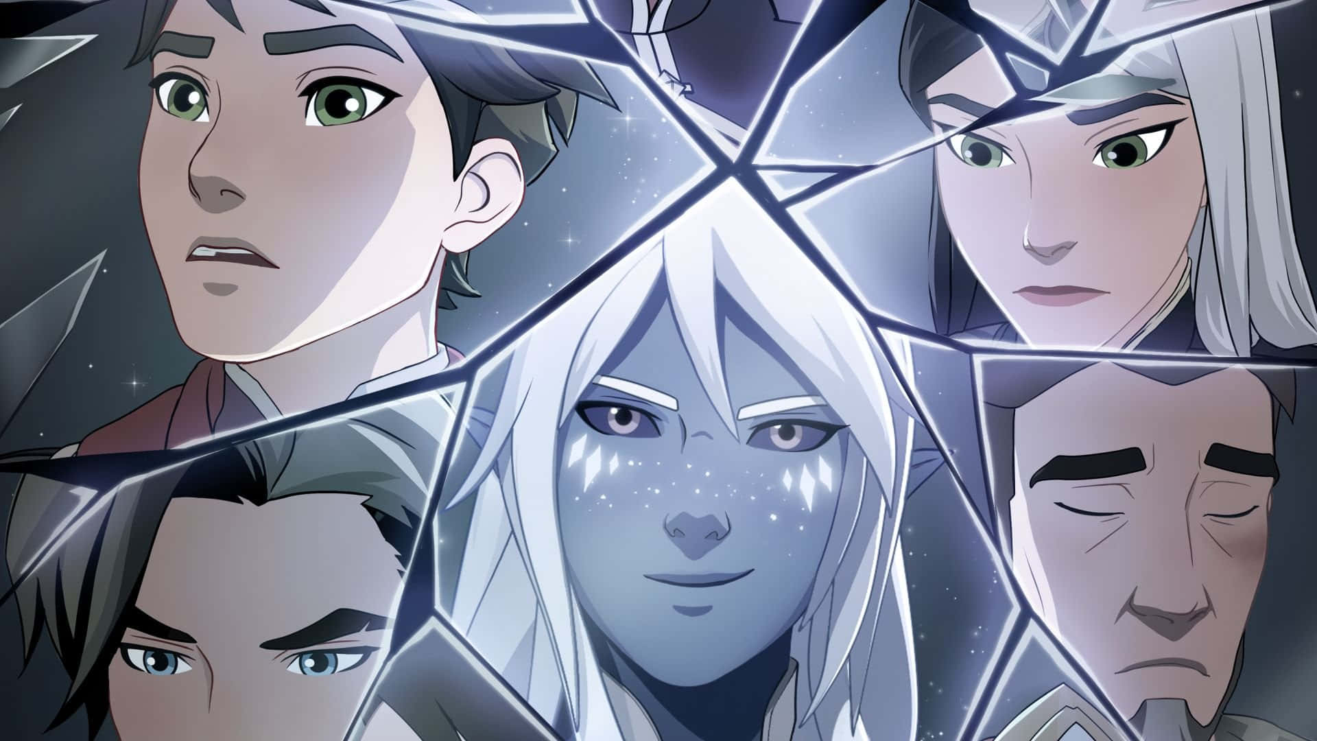 The Dragon Prince 桌布 壁紙 — 五個動漫角色的臉孔透過破碎的玻璃碎片窺視，背景是星光燦爛的宇宙。