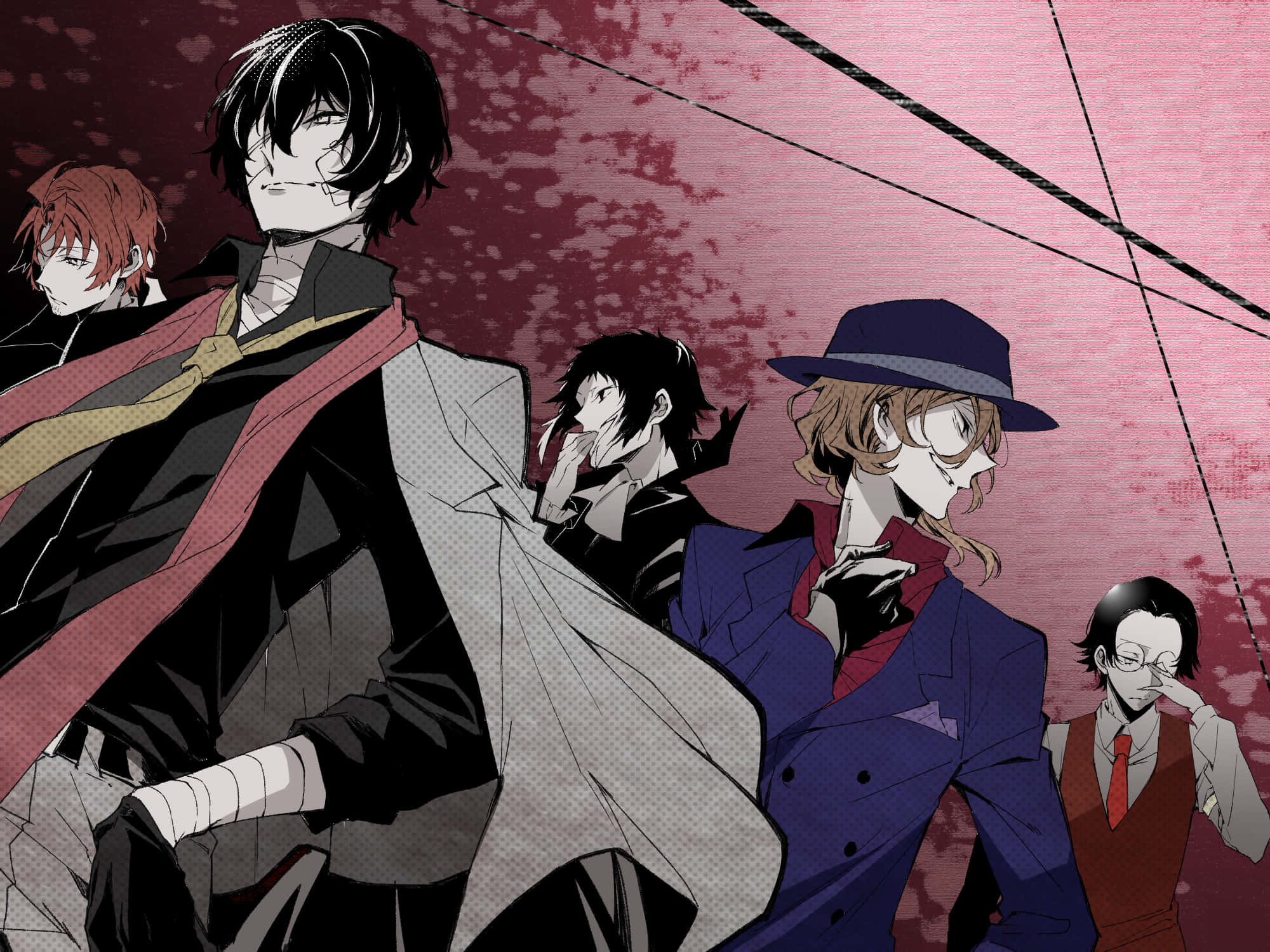 bungou stray dogs 桌布 壁紙 — 五個動漫角色穿著時尚西裝，站在帶有對角線的紋理粉紅色背景前。