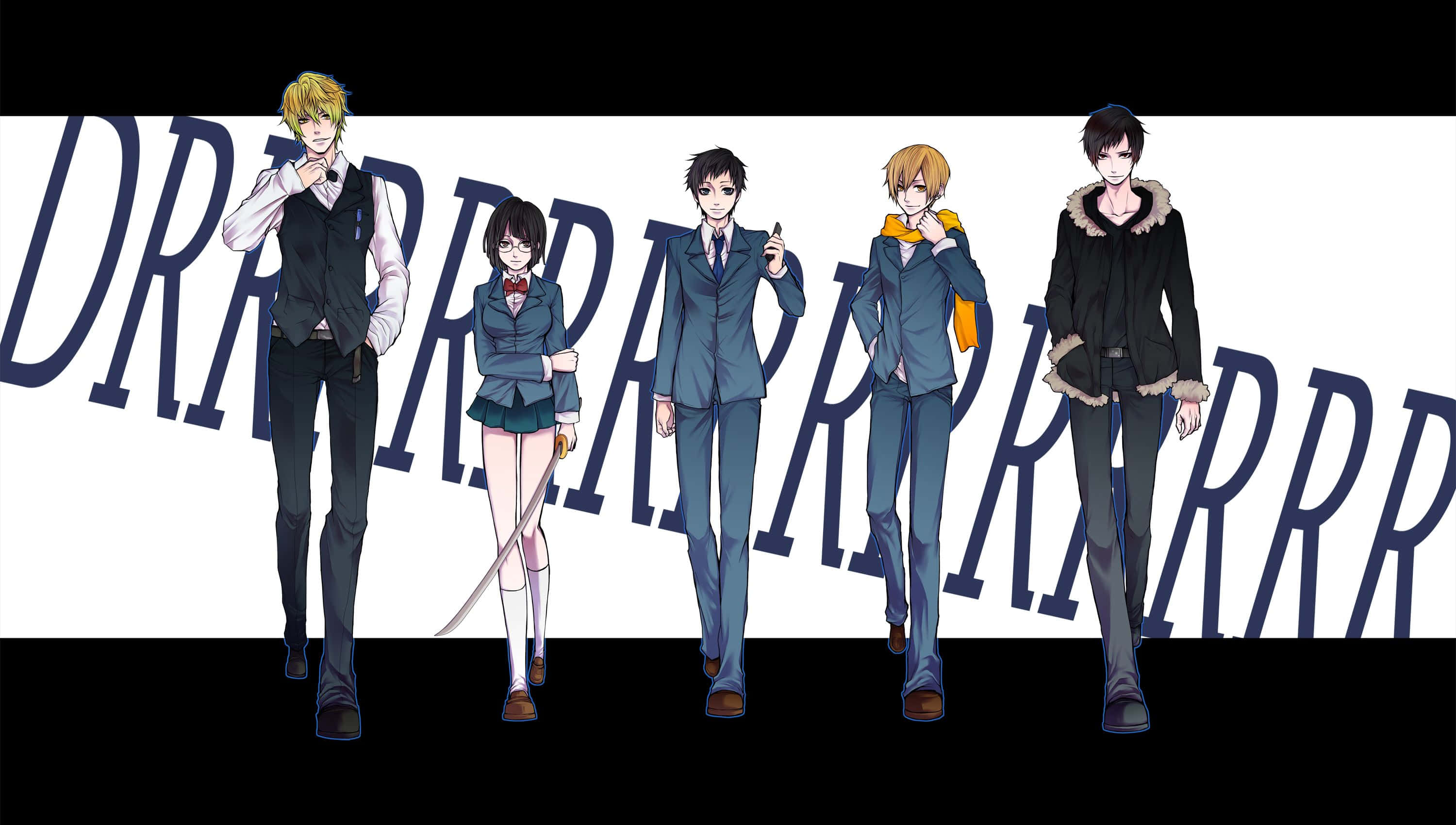 durarara 桌布 壁紙 — 五個動漫角色穿著校園和休閒服裝，自信地站在大膽的風格化文字背景前。