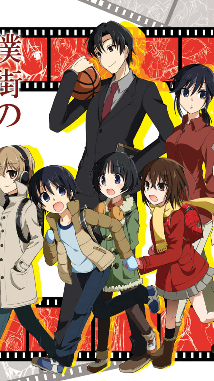 Erased 桌布 壁紙 — 五個動漫角色穿著校服和休閒服，在帶有紅色和黃色點綴的膠片背景前充滿活力地擺姿勢。