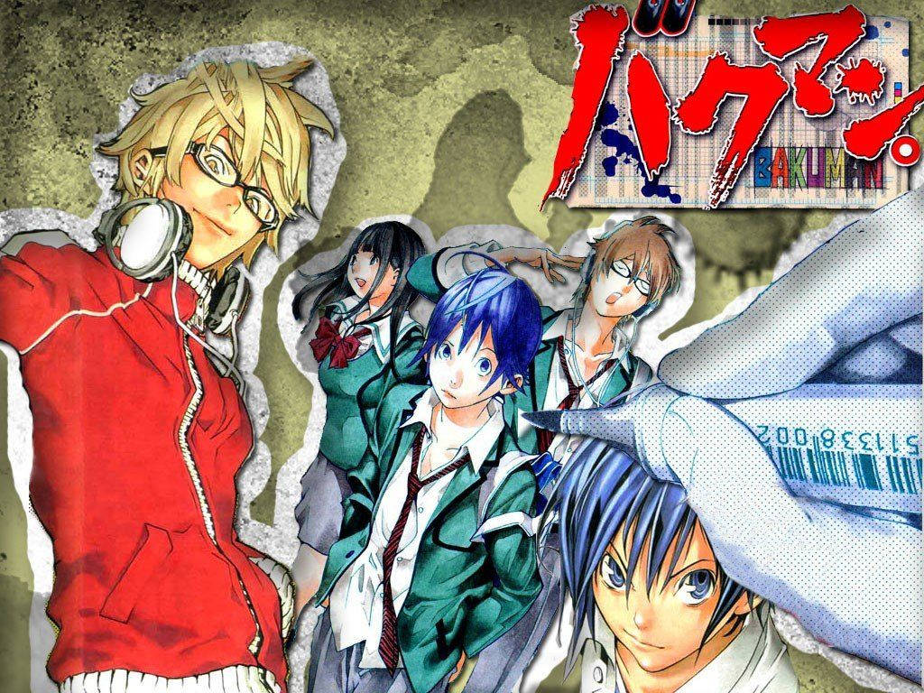 Bakuman 桌布 壁紙 — 五個動漫角色穿著校服和休閒服，在紋理撕裂紙張背景和粗體紅色標題文字前動態擺姿勢。