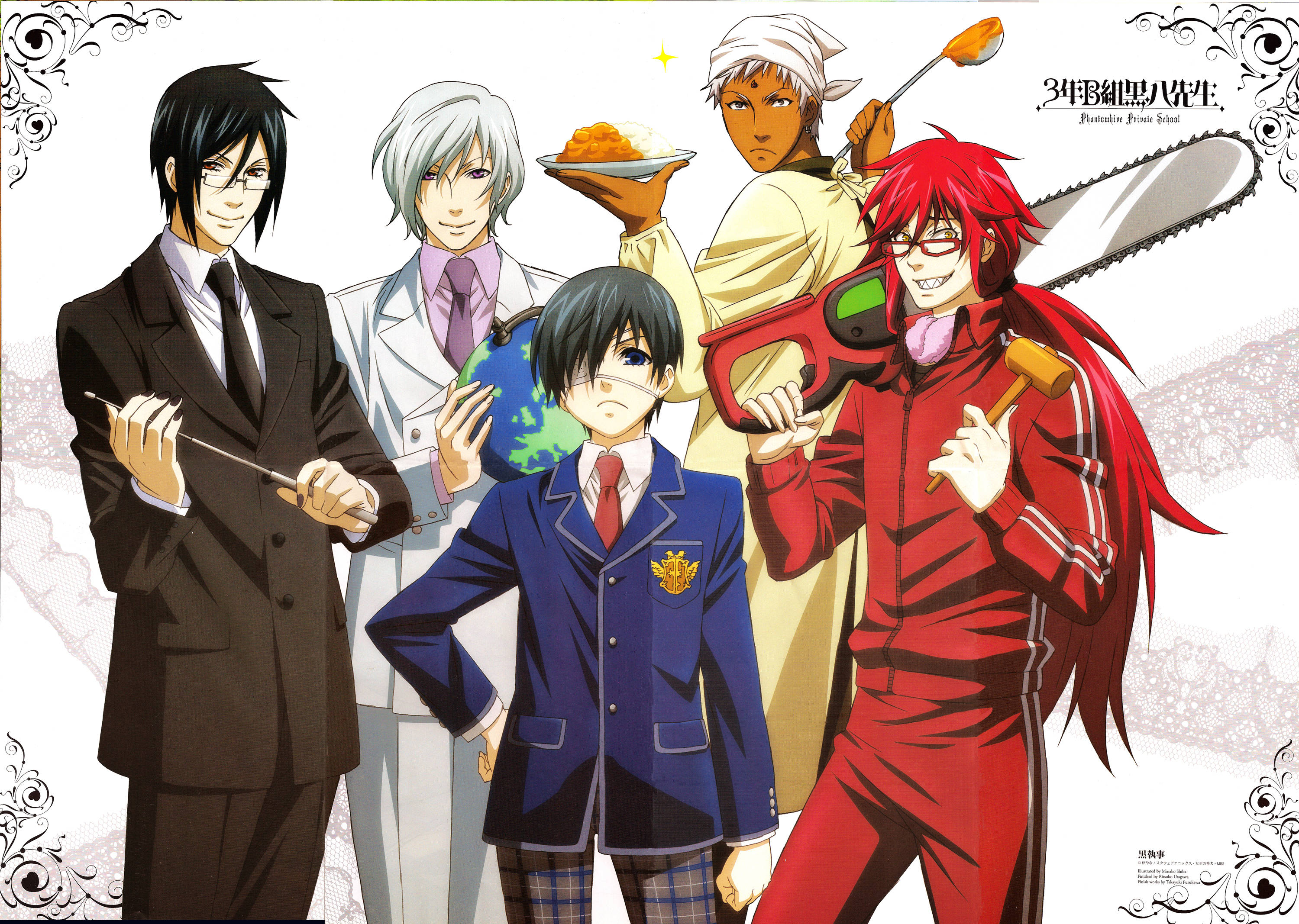 Black Butler 桌布 壁紙 — 五個動漫角色穿著校服和休閒服裝，在裝飾性白色背景前擺出姿勢，手持武器和道具。