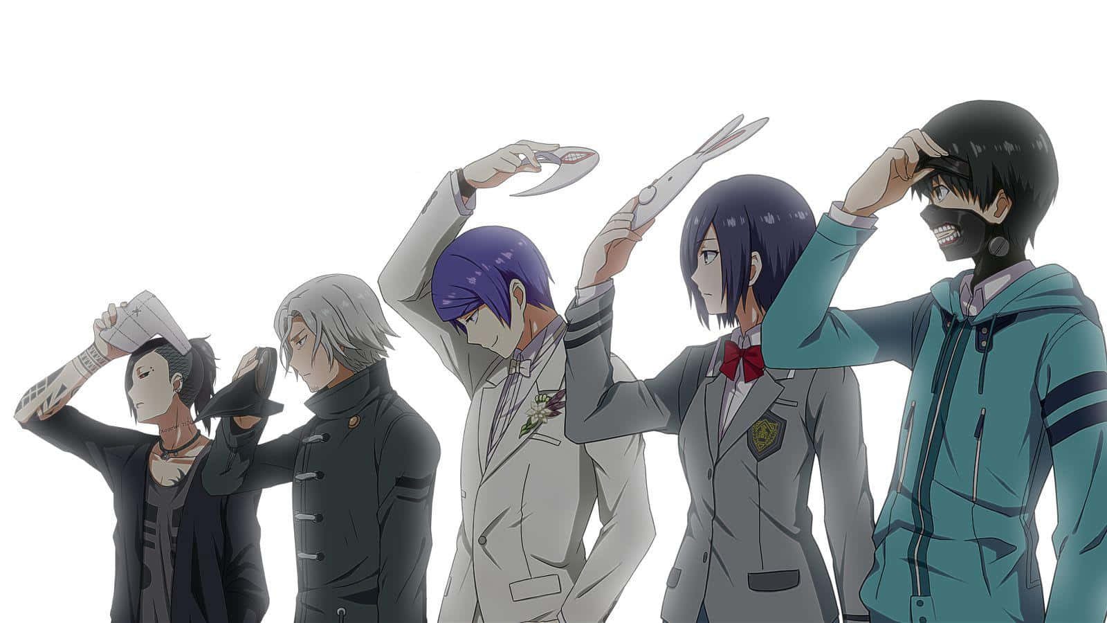Kureo Mado 桌布 壁紙 — 五個動漫角色穿著校服和連帽衫，戴著兔耳和口罩，在純白色背景前擺姿勢。