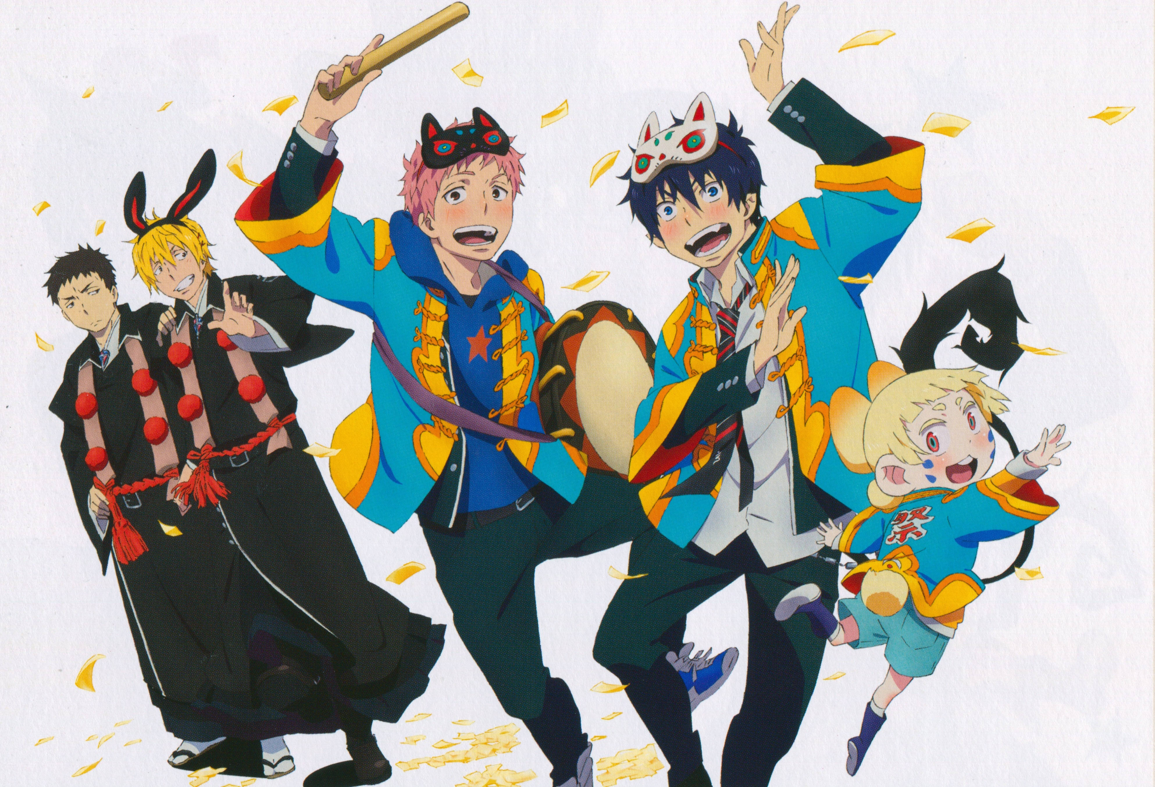 Blue Exorcist 桌布 壁紙 — 五個動漫角色穿著節日服裝，在純白色背景上歡快地擺姿勢，金色葉子飄落。
