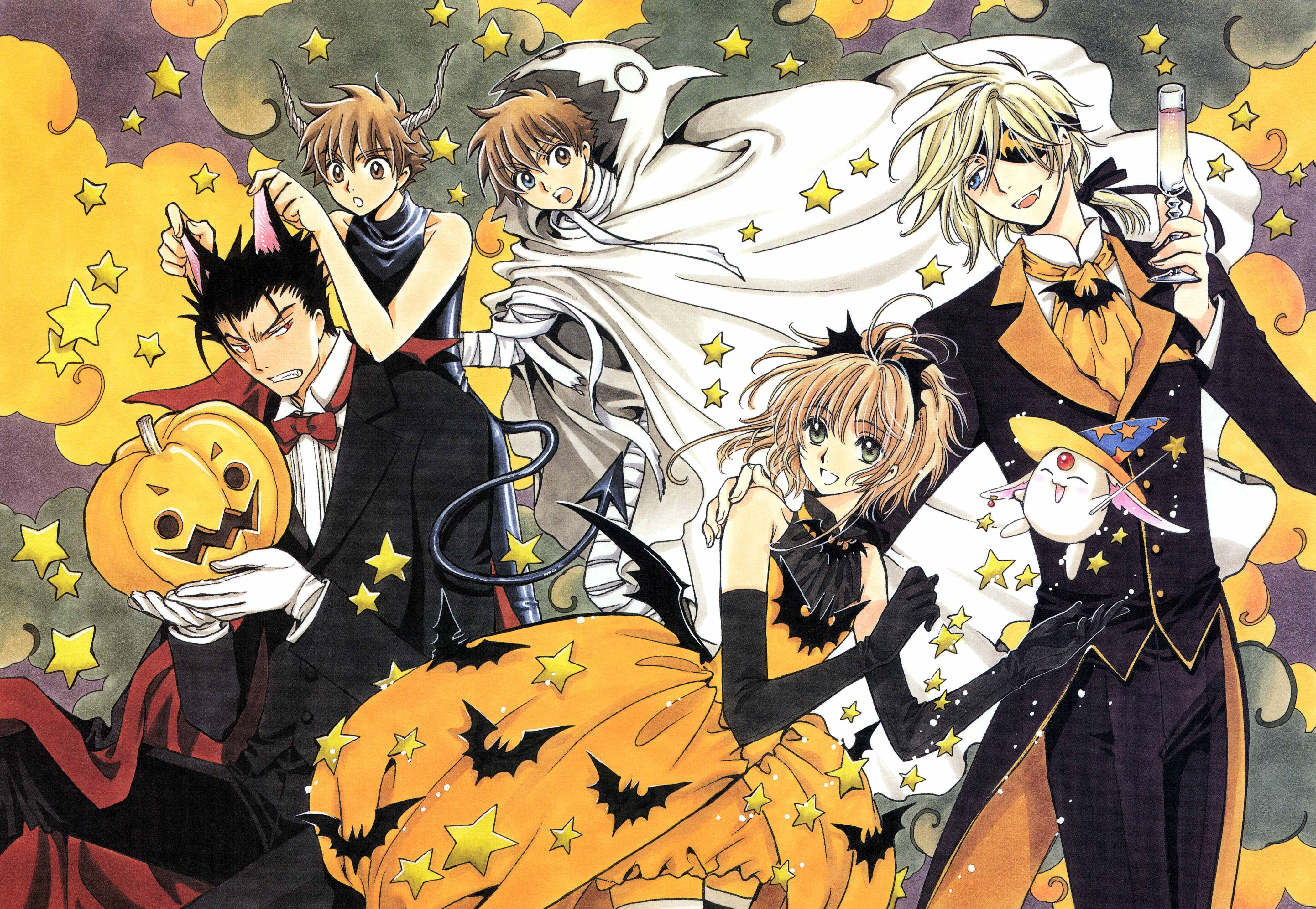 tsubasa reservoir chronicle 桌布 壁紙 — 五個動漫角色穿著萬聖節服裝，在滿是星星的橙色天空下與南瓜和蝙蝠一起擺姿勢。