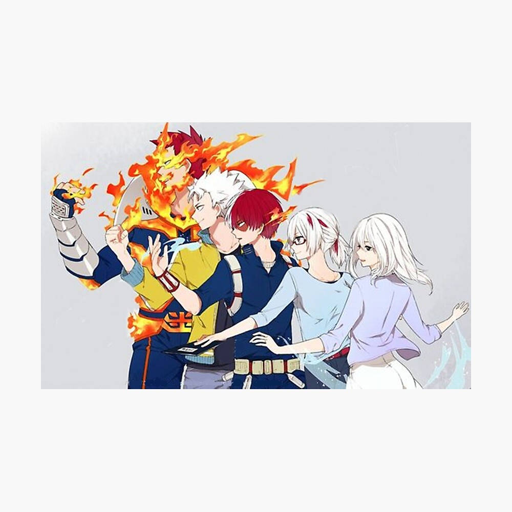 todoroki family 桌布 壁紙 — 五個動漫角色站在一起，周圍有火和水的能力在發光，背景是純灰色。