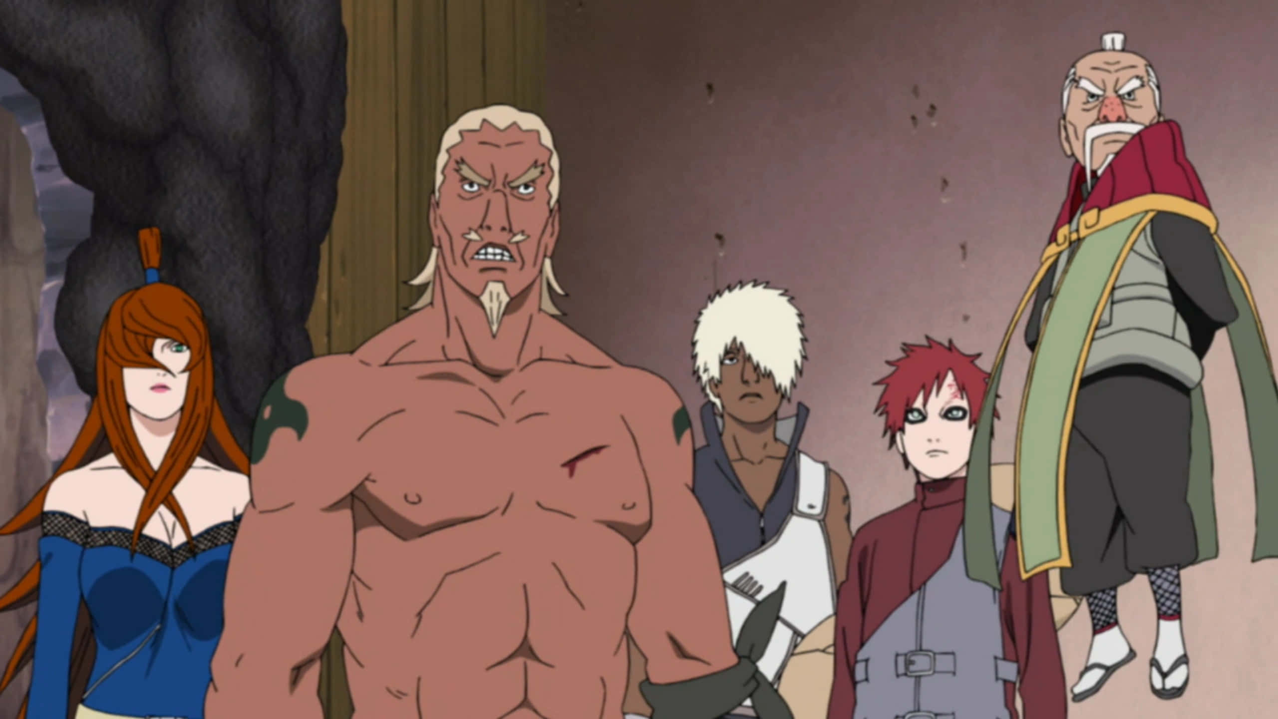 Five Kage Summit 桌布 壁紙 — 五個動漫角色站在岩石洞穴中，表情嚴肅，穿著各異，燈光昏暗。