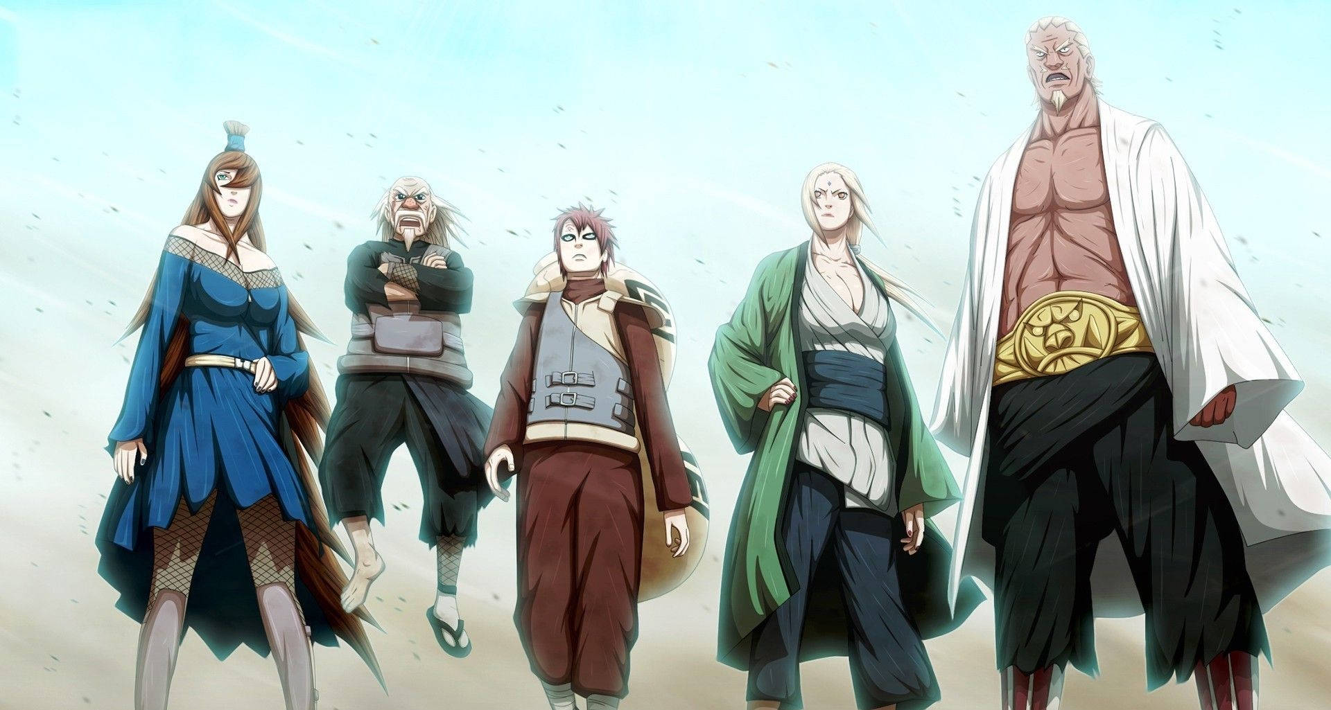 Gaara 桌布 壁紙 — 五個動漫角色站在沙漠景觀中，蒼白的天空下，沙塵旋轉。