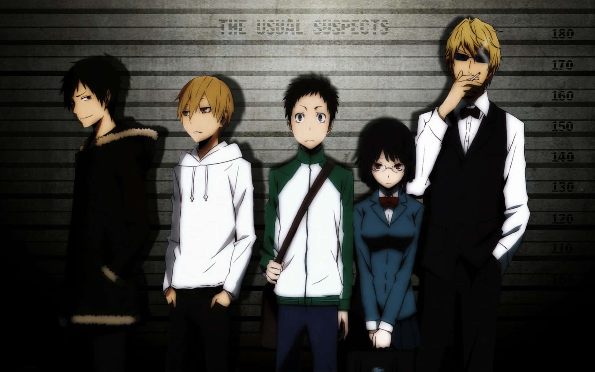 durarara 桌布 壁紙 — 五個動漫角色站在身高測量牆前，排成疑犯照片隊列，上方寫著「THE USUAL SUSPECTS」。