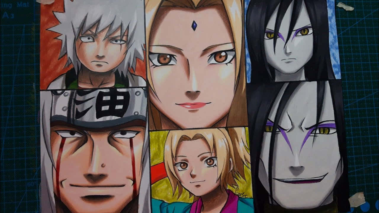 Legendary Sannin 桌布 壁紙 — 五個動漫角色肖像，用彩色鉛筆在方格藝術本上繪製，表情多樣，背景鮮豔。