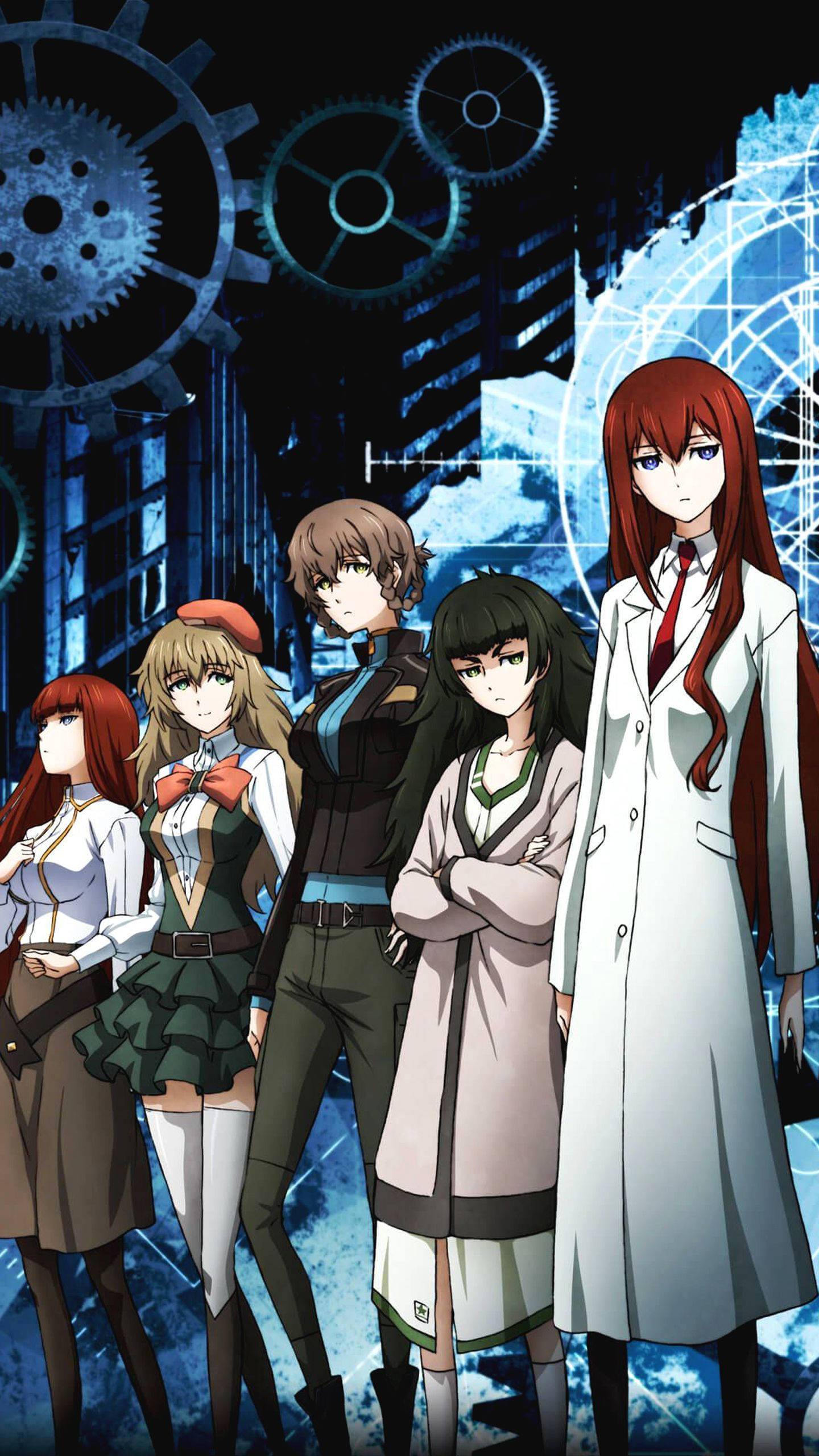 Top Anime 桌布 壁紙 — 五個動漫角色自信地站在深藍色機械城市景觀前，背景有發光的齒輪和電路。