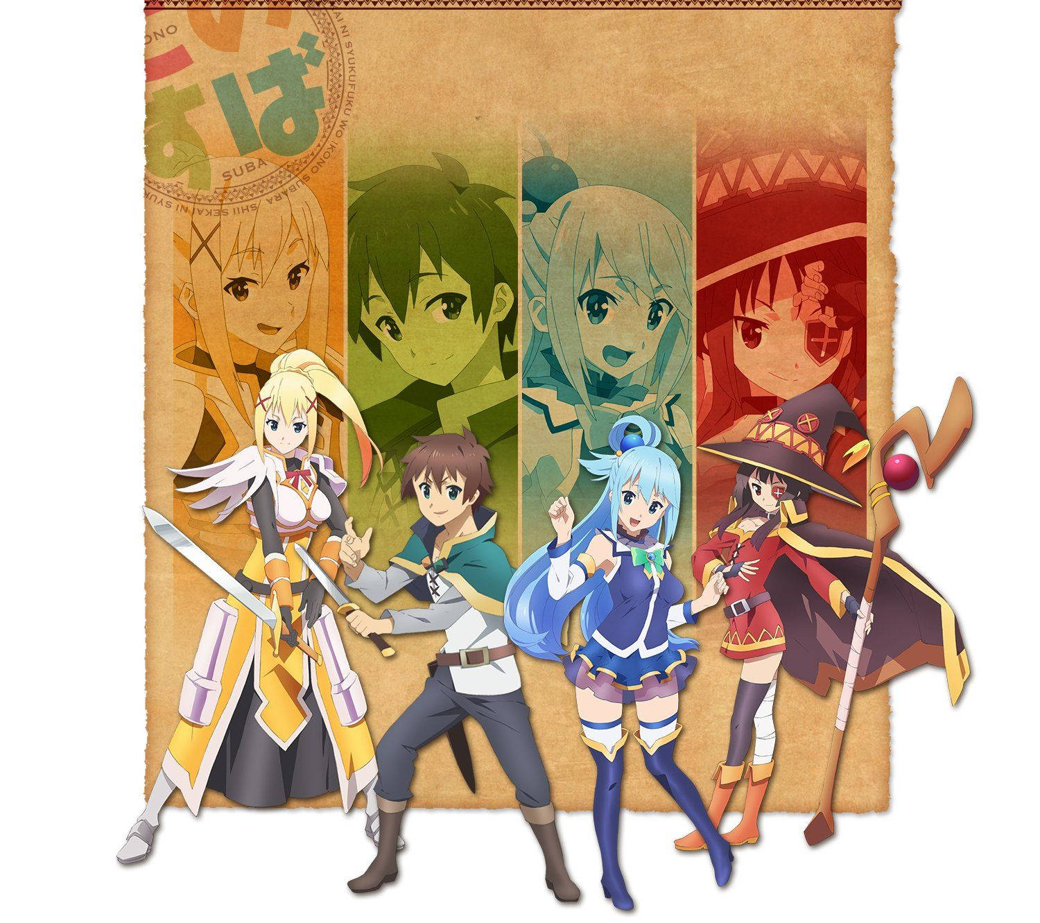 Konosuba 桌布 壁紙 — 五個動漫角色身穿奇幻服裝，自信地站在帶有彩色垂直面板的羊皮紙背景前。