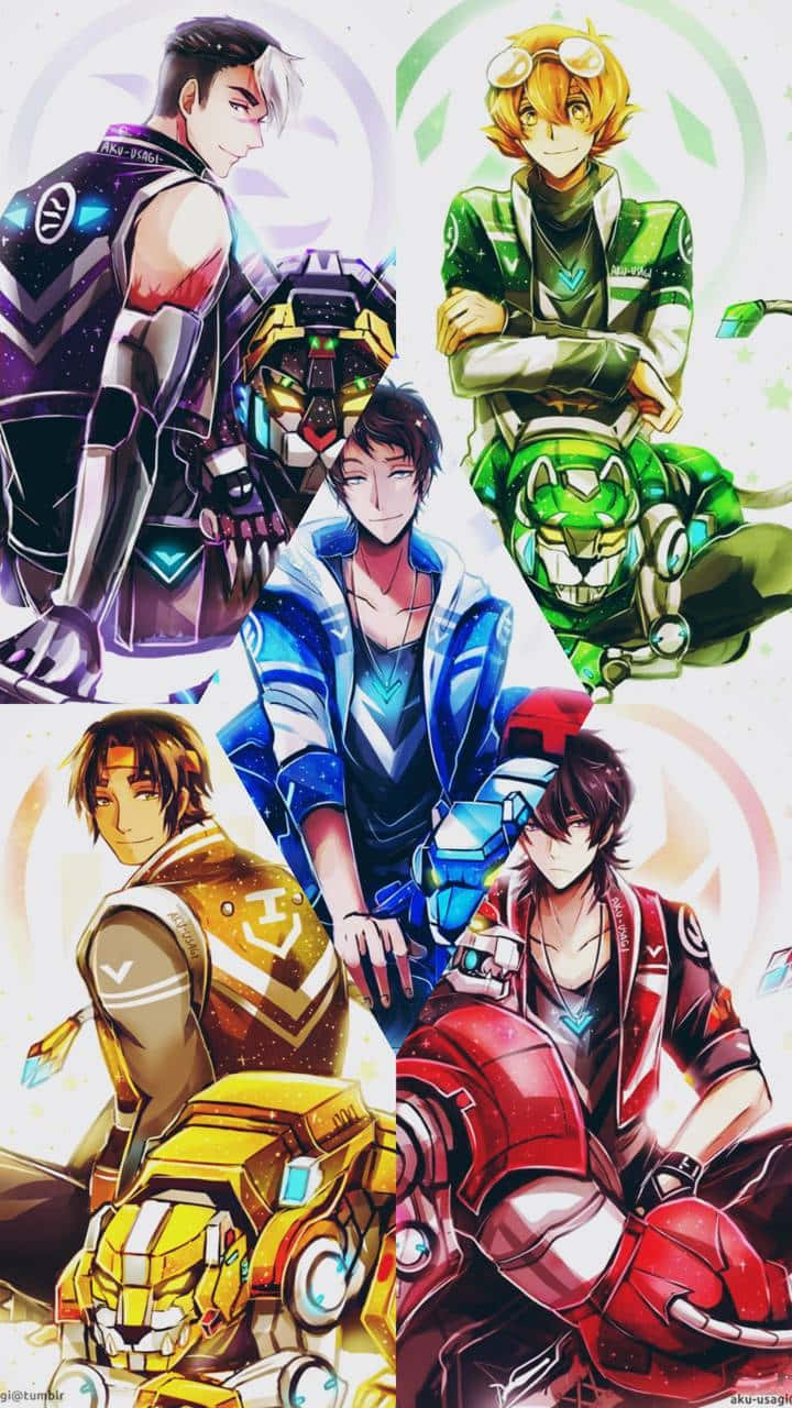 voltron 桌布 壁紙 — 五個動漫角色身穿色彩繽紛的未來風格盔甲，與相配的機械夥伴在發光的抽象背景前自信地擺出姿勢。