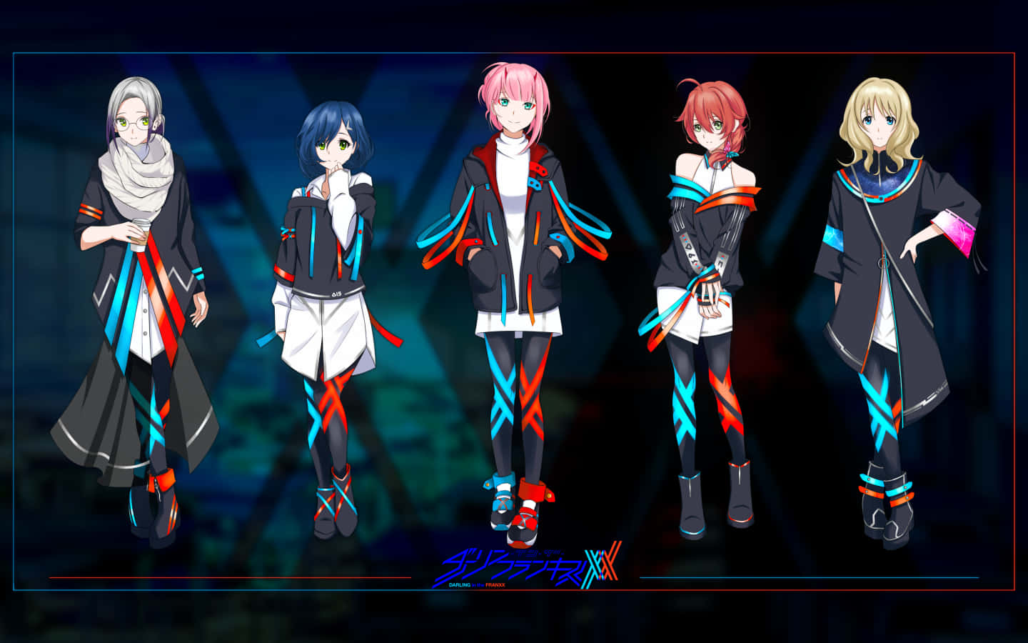 DARLING in the FRANXX 桌布 壁紙 — 五個動漫風格女性角色穿著未來感黑色服裝，帶有發光藍色和紅色點綴，站在黑暗舞台背景前。