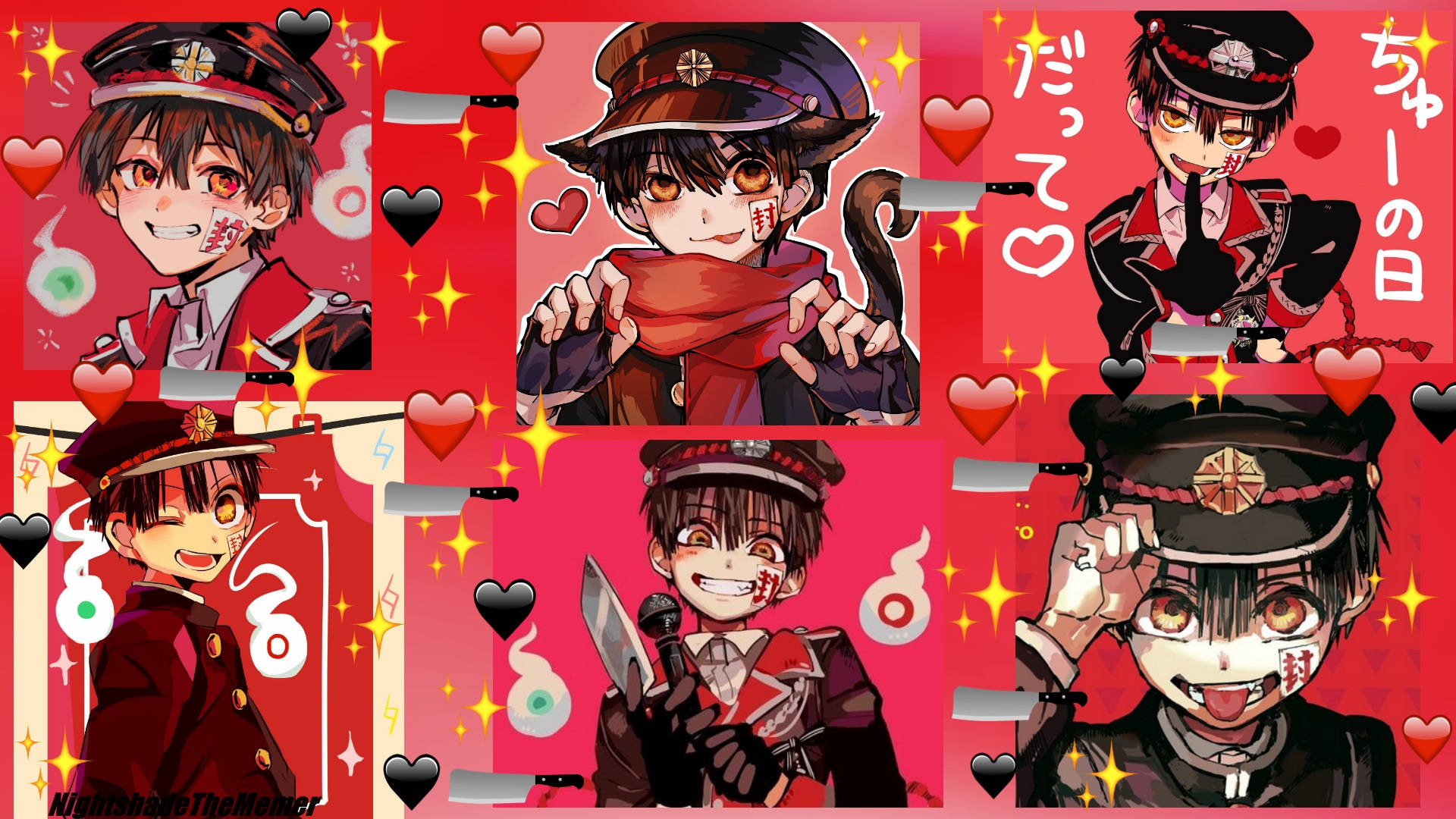 hanako 桌布 壁紙 — 五個動漫風格男孩角色，身穿紅色制服，手持刀、愛心和閃光，背景為充滿活力的粉紅色。