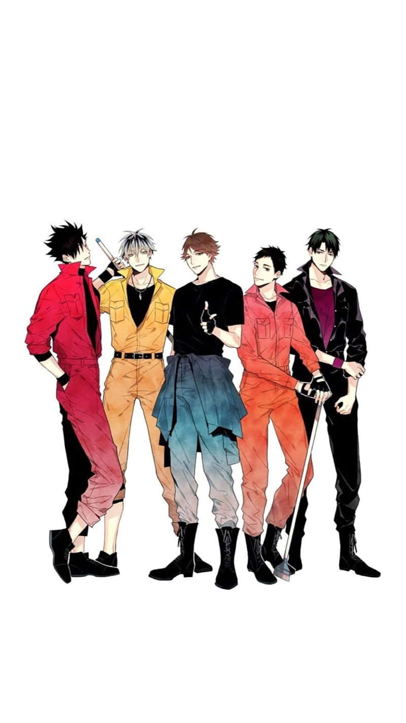 Haikyuu Captains 桌布 壁紙 — 五個動漫風格的男性角色穿著色彩繽紛的服裝，自信地站在純白色背景前。