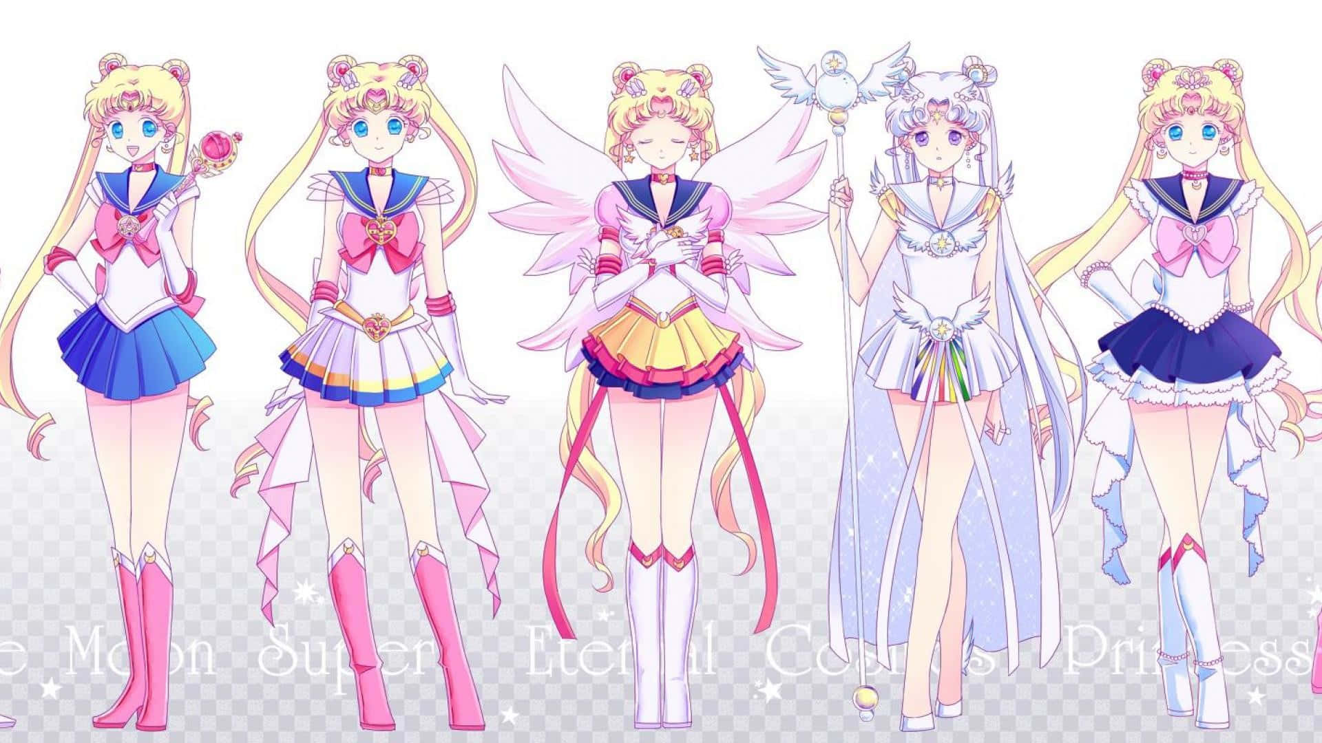 美少女戰士 桌布 壁紙 — 五個動漫風格的美少女戰士角色，穿著不同的魔法服裝，在透明背景前擺姿勢。