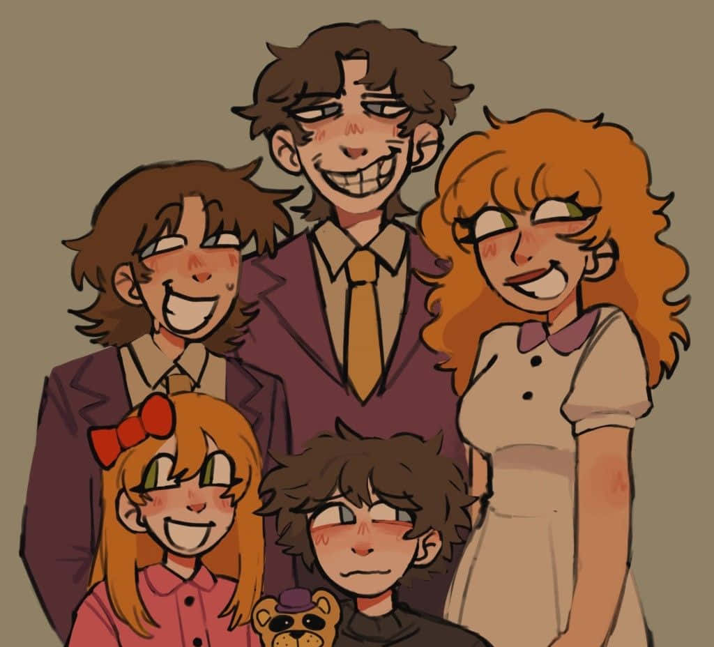 Afton Family 桌布 壁紙 — 五個動漫風格的角色，帶著誇張的笑容和臉紅，在純米色背景前一起擺姿勢。