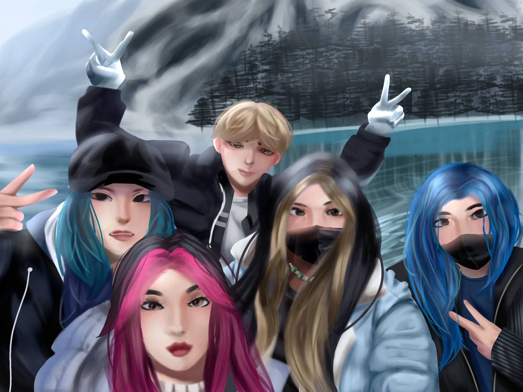 Krew 桌布 壁紙 — 五個動漫風格的青少年，頭髮色彩繽紛，在暴風雨的山景背景下開心擺姿勢。
